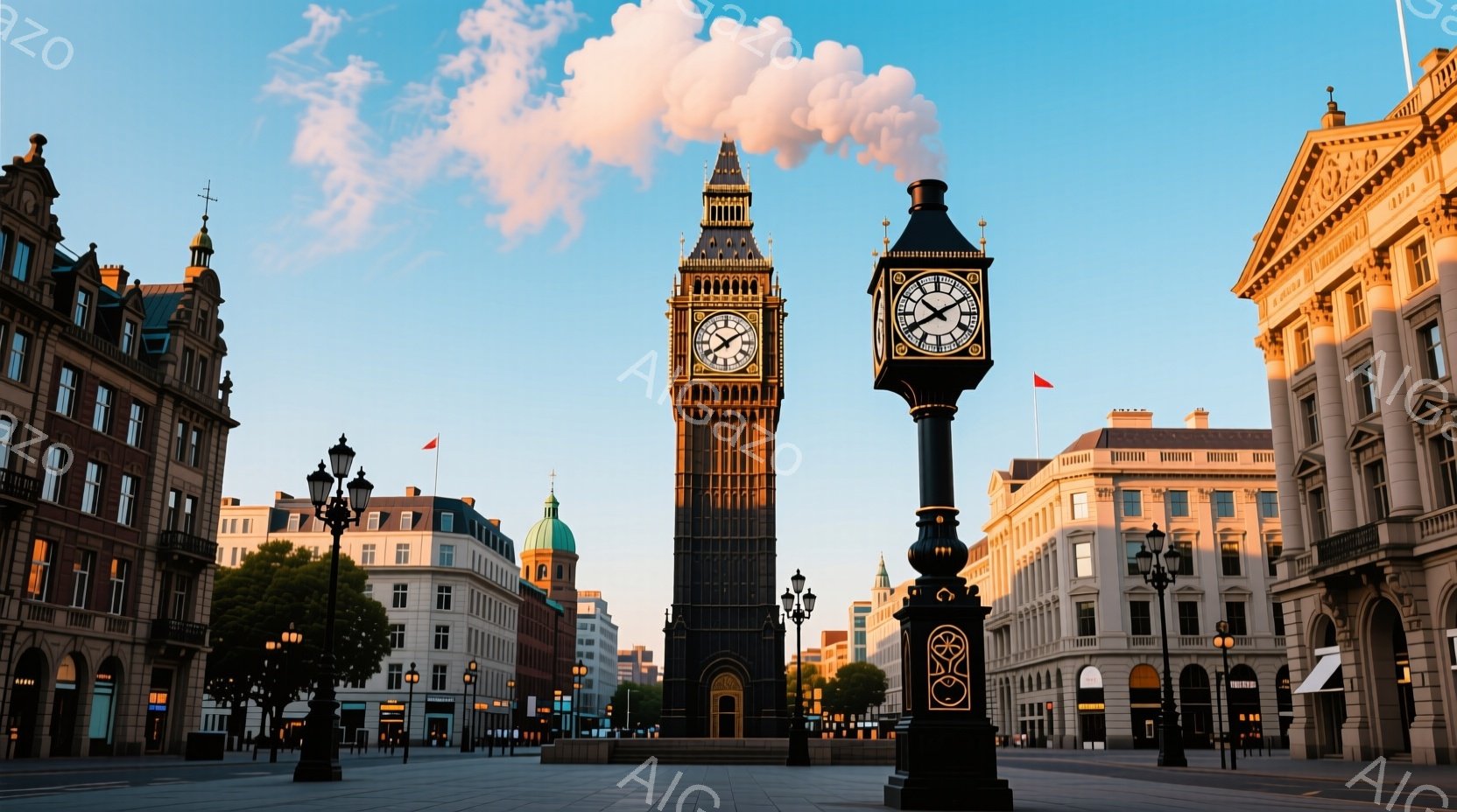 ロンドンのウェストミンスターにあるビッグ・ベンと周辺の建物が写っています。空は晴れで、雲が浮かび、建物は夕日の光を浴びて金色に輝いています。広場は静かで、一部の街灯が点灯し始めており、落ち着いた雰囲気が漂っています。