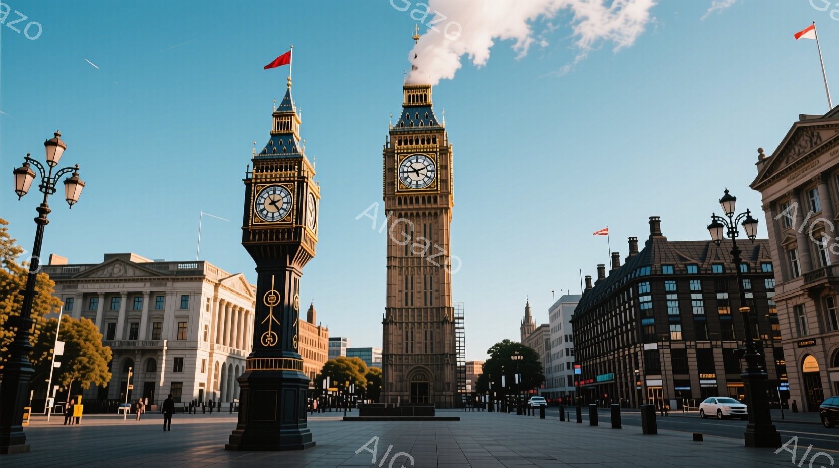 ウェストミンスター宮殿の時計台、通称ビッグ・ベンが、晴れた空の下にそびえ立っています。広場には数少ない人々が歩いており、彼らの服装は日常的で、表情ははっきりとは見えません。周辺には歴史的な建物が並び、青空と白い雲が背景に広がっており、穏やかで静謐な雰囲気が漂っています。