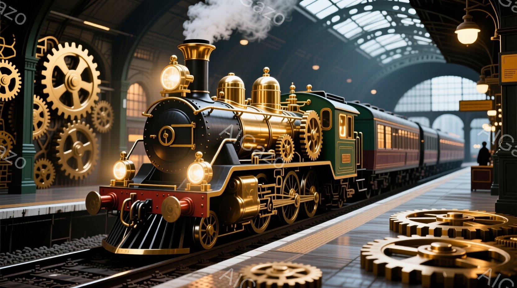 豪華な装飾が施された蒸気機関車が駅のプラットフォームに停車しており、深い緑と金色のボディが印象的です。機関車の前部からは蒸気が立ち上り、駅構内には巨大な歯車が浮かんでおり、どこかレトロでメカニカルな雰囲気を醸し出しています。プラットフォームはレンガ造りで、全体的に暖色系の照明が使用され、懐かしさと未来感が混ざり合った空間を作り出しています。