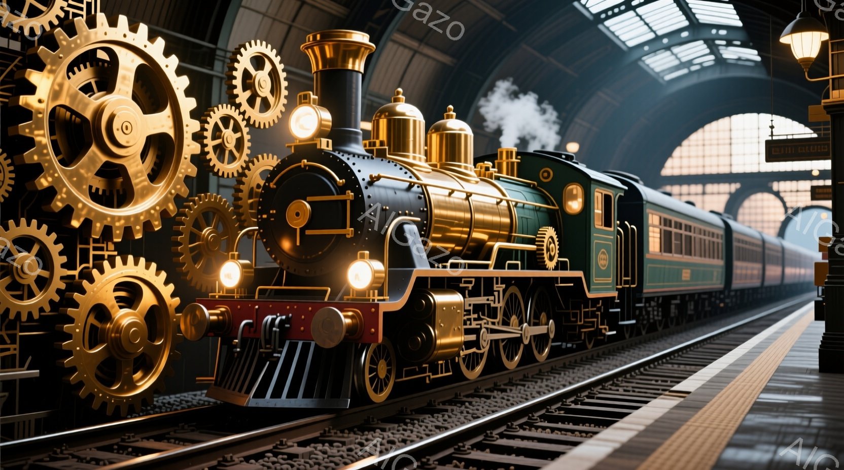 古風な駅構内に、金色の歯車が空中に配置され、蒸気機関車が線路を走っている様子が描かれています。機関車は黒と金色の美しい配色で、ヘッドライトが明るく光り、蒸気を噴き出しています。駅のプラットフォームは石造りで、全体的にレトロで幻想的な雰囲気が漂っています。