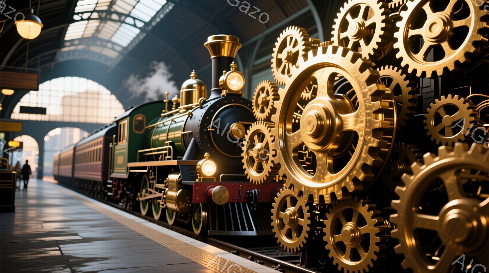蒸気機関車が駅のプラットフォームに停車しており、その背後には巨大な金色の歯車が連なっています。駅は高いアーチ型の天井と、薄暗い照明で照らされた長いプラットフォームがあり、数人の人物が遠くにぼんやりと見えます。全体的に、スチームパンク風の独特な雰囲気で、機械と伝統的な鉄道が融合した幻想的な光景です。