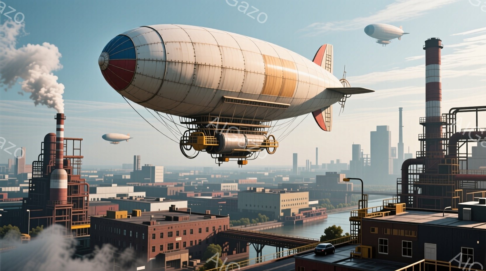 空には、赤、白、青のストライプが施された飛行船が2隻浮かんでいる。下には、煙突から煙を上げている工業地帯と、川を挟んで広がる高層ビル群が広がり、工業と都市の景観が混在している。全体的に薄暗く、やや蒸気的な雰囲気で、過去の技術と未来都市が融合したような、ノスタルジックで重厚感のある雰囲気を醸し出している。