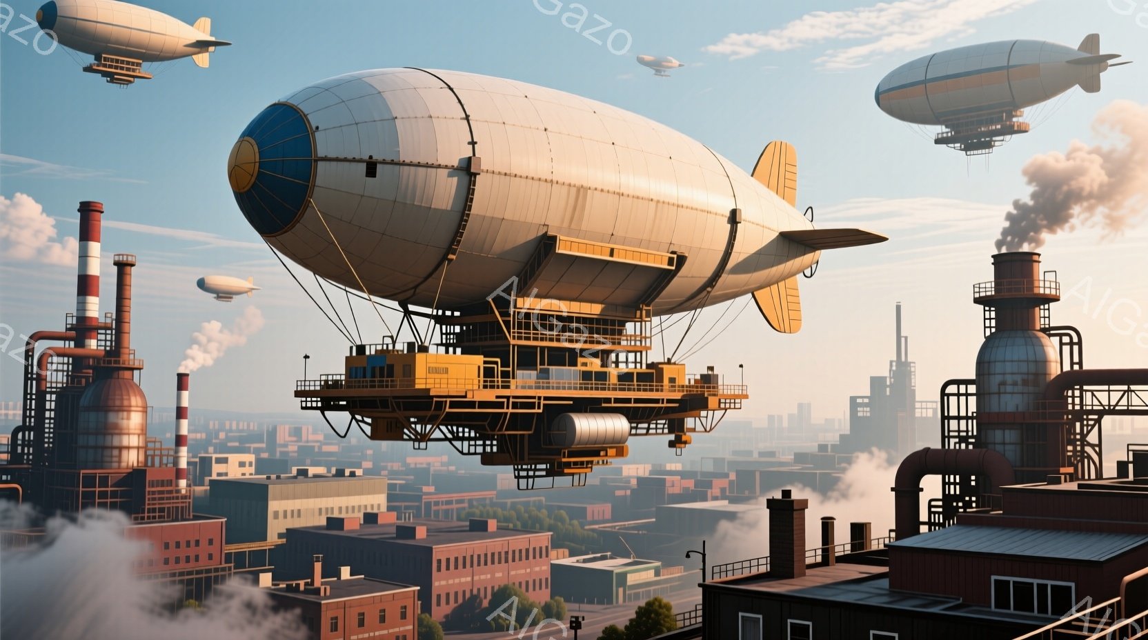 空中に巨大な飛行船が浮かび、その下に複雑な構造のプラットフォームが取り付けられています。背景には煙突から煙が立ち上る工業都市が広がり、薄暗い空と混ざり合い、どこかノスタルジックでスチームパンクな雰囲気 - AI生成フリー素材