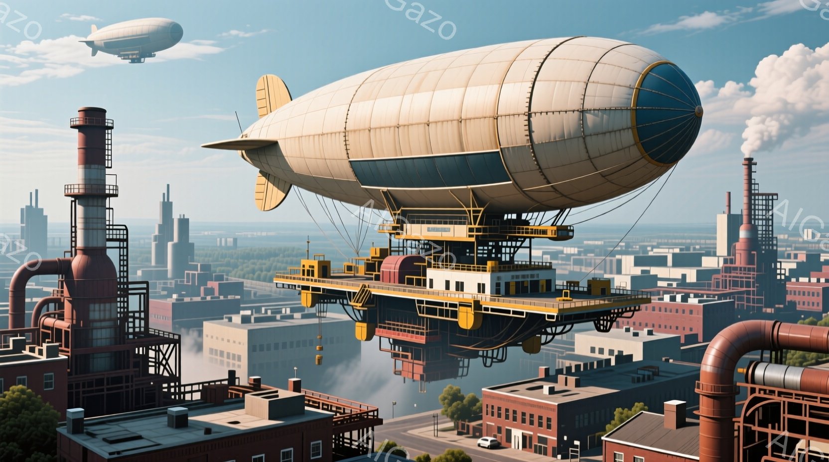 空中に巨大な飛行船が浮かび、その下には複雑な工業地帯が広がっている。赤いレンガ造りの建物、煙突から立ち上る煙、そして水路が都市の風景を構成しており、全体的にどこか懐かしい、スチームパンク風の雰囲気を醸 - AI生成フリー素材