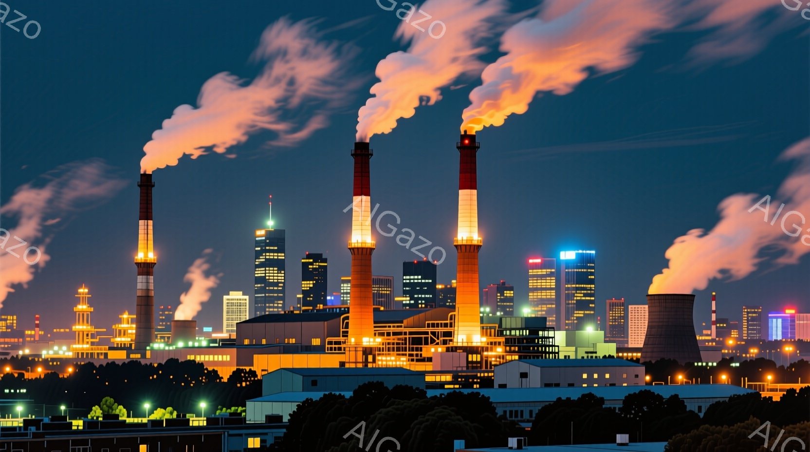 煙突が立ち並ぶ工場地帯が夜景の中に広がっており、オレンジと黄色の光で照らされています。背景には高層ビル群がシルエットとなり、遠くの街の明かりが光り輝いています。全体的に、産業と都市の夜景が混ざり合い、 - AI生成フリー素材