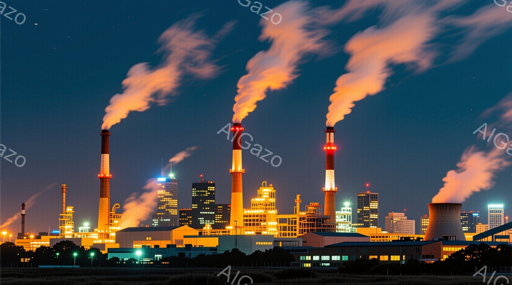 夜空を背景に、工場地帯の夜景が広がっています。複数の煙突から立ち上る白い煙が特徴的で、その下には、オレンジや黄色の光で照らされた近代的な建物や工場群が密集しています。遠くには都市のスカイラインが見え、全体的に産業と都市が混在する、やや重厚な雰囲気を醸し出しています。