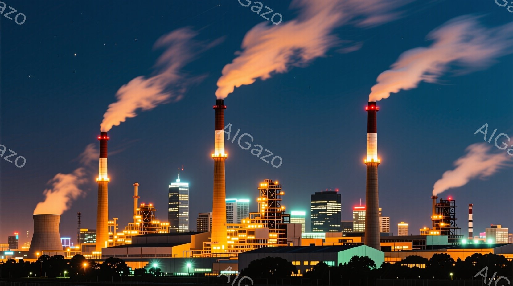 夜空の下、工業地帯が広がり、巨大な煙突から白い煙が立ち上っている。遠くには高層ビル群がオレンジ色の光で照らされ、近代的な都市景観と重工業の対比が際立つ。全体的に、オレンジと白の光が夜空に溶け込み、少し不穏ながらも力強い雰囲気を醸し出している。