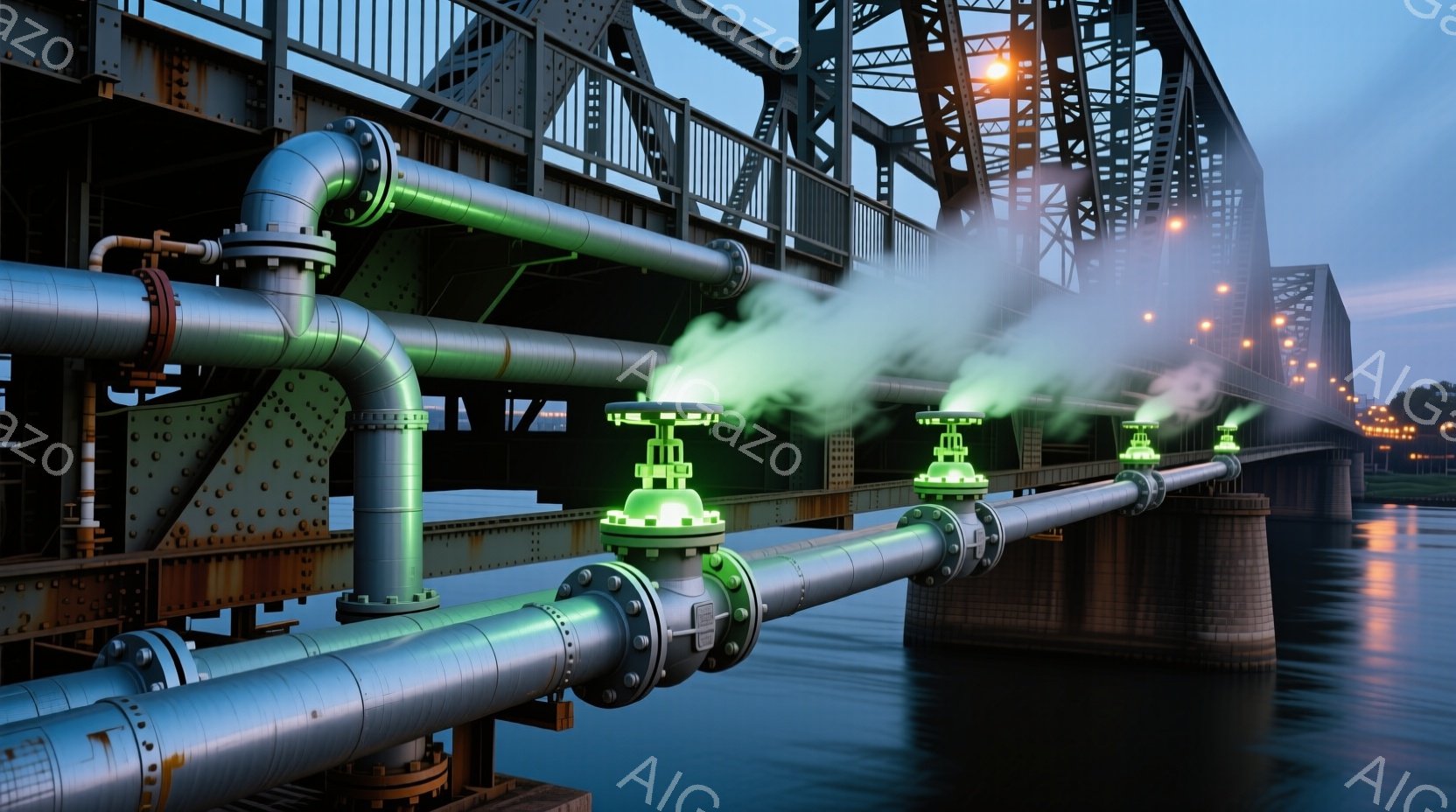 錆び付いた金属製のパイプラインが、水面を背景にした巨大な鉄橋の前に配置されている。緑色のバルブから立ち上る蒸気は、パイプラインに不気味な光を当て、夜の風景に産業的な雰囲気を醸し出している。鉄橋は点灯し - AI生成フリー素材