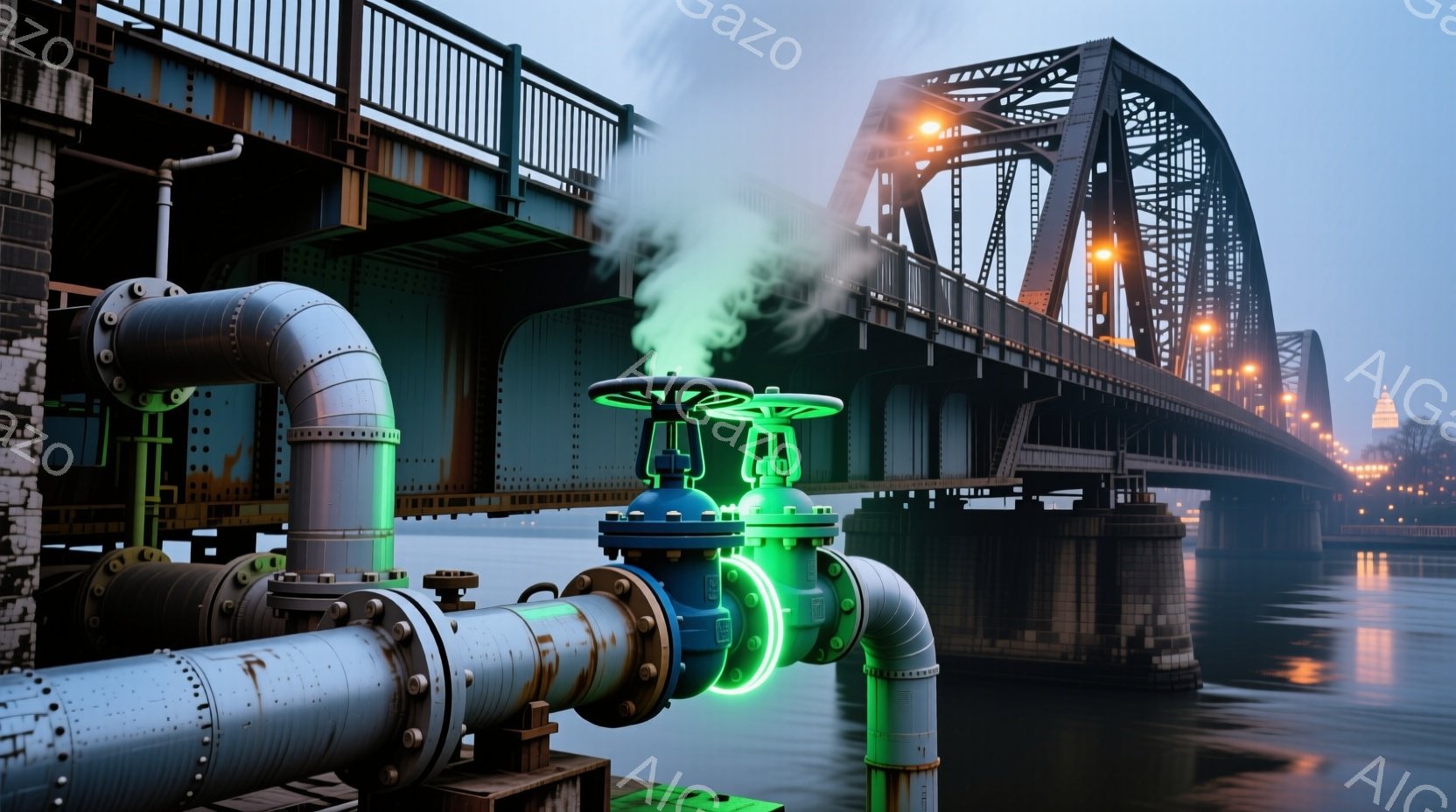 錆びた金属製のパイプと青いバルブが前景に描かれ、背景には夜の橋がぼんやりと見える工業的な風景です。バルブからは緑色の光が発せられ、蒸気が立ち上っており、全体的に重厚で神秘的な雰囲気を醸し出しています。橋はライトアップされ、水面を照らし、遠くの建物がシルエットとして浮かび上がっています。