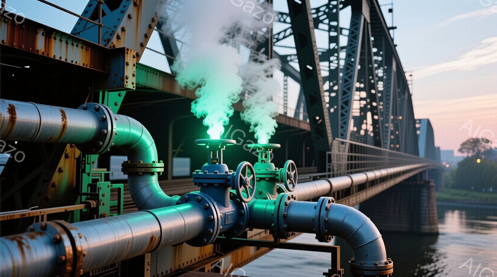 緑色の配管とバルブが、錆びた金属製の橋の構造物の前に配置されている。配管から立ち上る緑色の煙は、産業的な雰囲気と活気を感じさせる。背景には、穏やかな水面と遠くの建物が見え、夕暮れ時の柔らかな光が全体を照らしている。