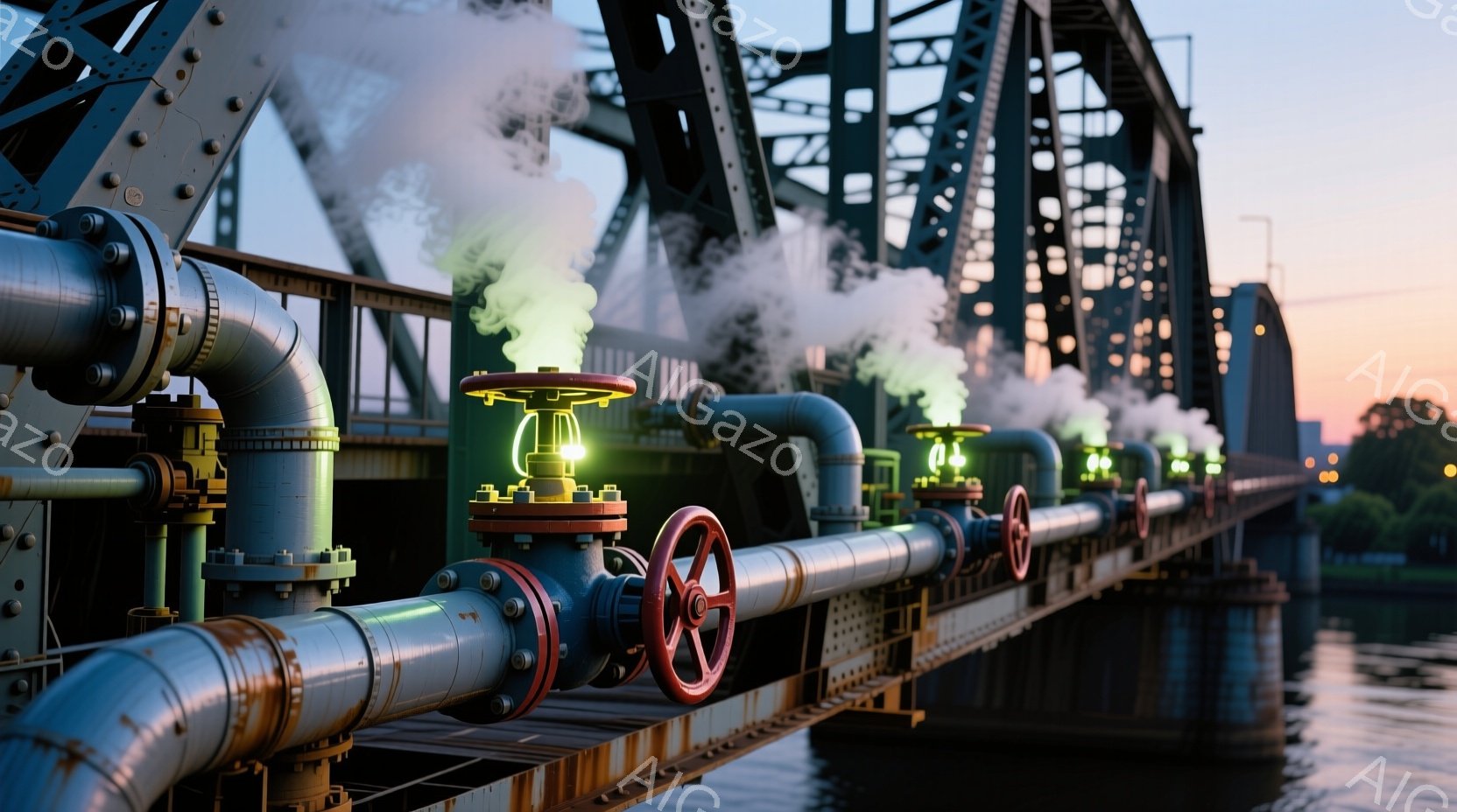 錆び付いた配管が並ぶ鉄橋が写っている。配管には赤いハンドルが付いたバルブが取り付けられており、そこから白い蒸気が立ち上っている。背景には穏やかな水面と夕焼け空が広がり、重厚な鉄橋とのコントラストが印象的である。
