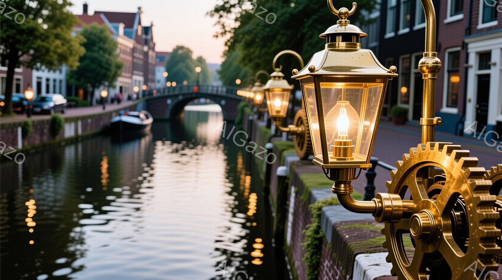 オランダの運河沿いに、装飾的な金色の街灯が並んでいる様子が描かれている。運河の水面は穏やかで、周囲の建物や緑が映り込み、夕暮れ時の柔らかな光が全体を包み込んでいる。石造りの壁と、その上に並ぶ街灯が、歴 - AI生成フリー素材