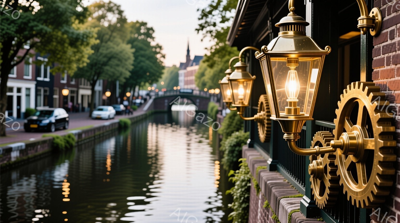 オランダの運河が夕日に照らされ、水面に光の反射が美しい風景です。運河沿いのレンガ造りの壁には、精巧な歯車が取り付けられたアンティーク調のランタンが設置されており、独特の雰囲気を醸し出しています。背景に - AI生成フリー素材