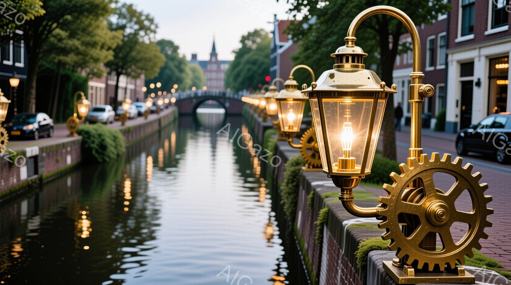 レンガ造りの土手に沿って、美しいデザインの街灯が並び、水面に灯りを反射させている。運河は静かで穏やかであり、遠くには橋が見え、その先に建物が並んでいる。全体的に落ち着いた雰囲気で、夕暮れ時の静けさと、 - AI生成フリー素材