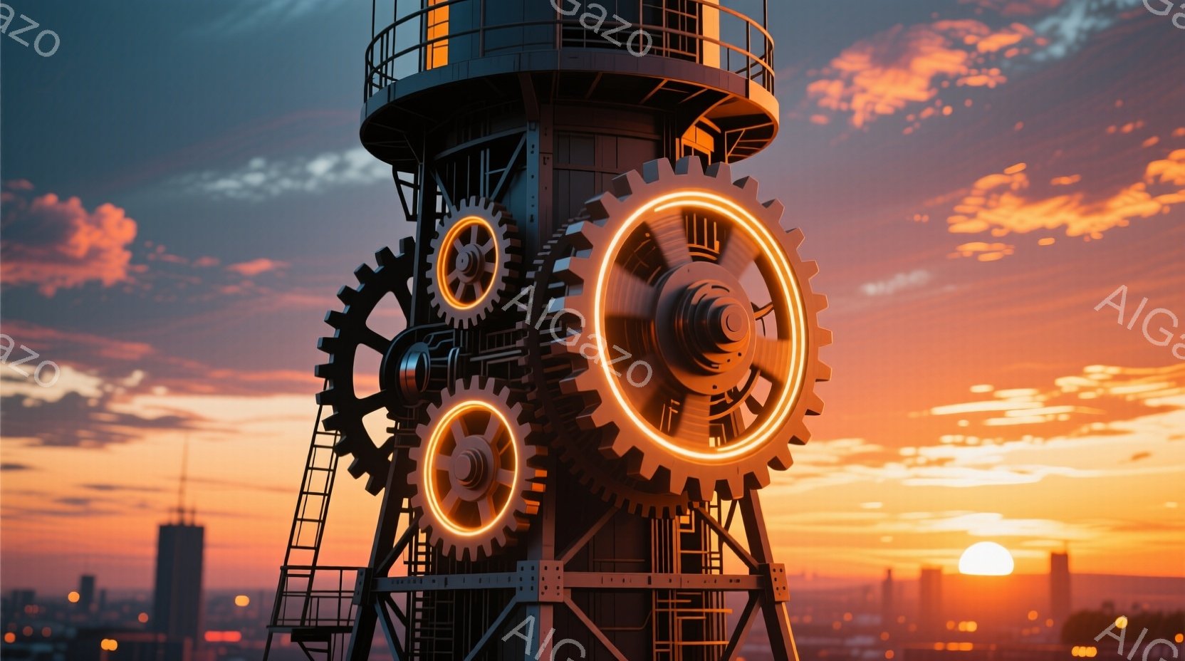 巨大な歯車が積み重なった構造物が、夕焼けに染まる空を背景にそびえ立っている。金属製の構造は複雑なデザインで、温かいオレンジ色の光で縁取られた歯車が特徴的だ。遠景には都市の建物がぼんやりと見え、空は鮮や - AI生成フリー素材