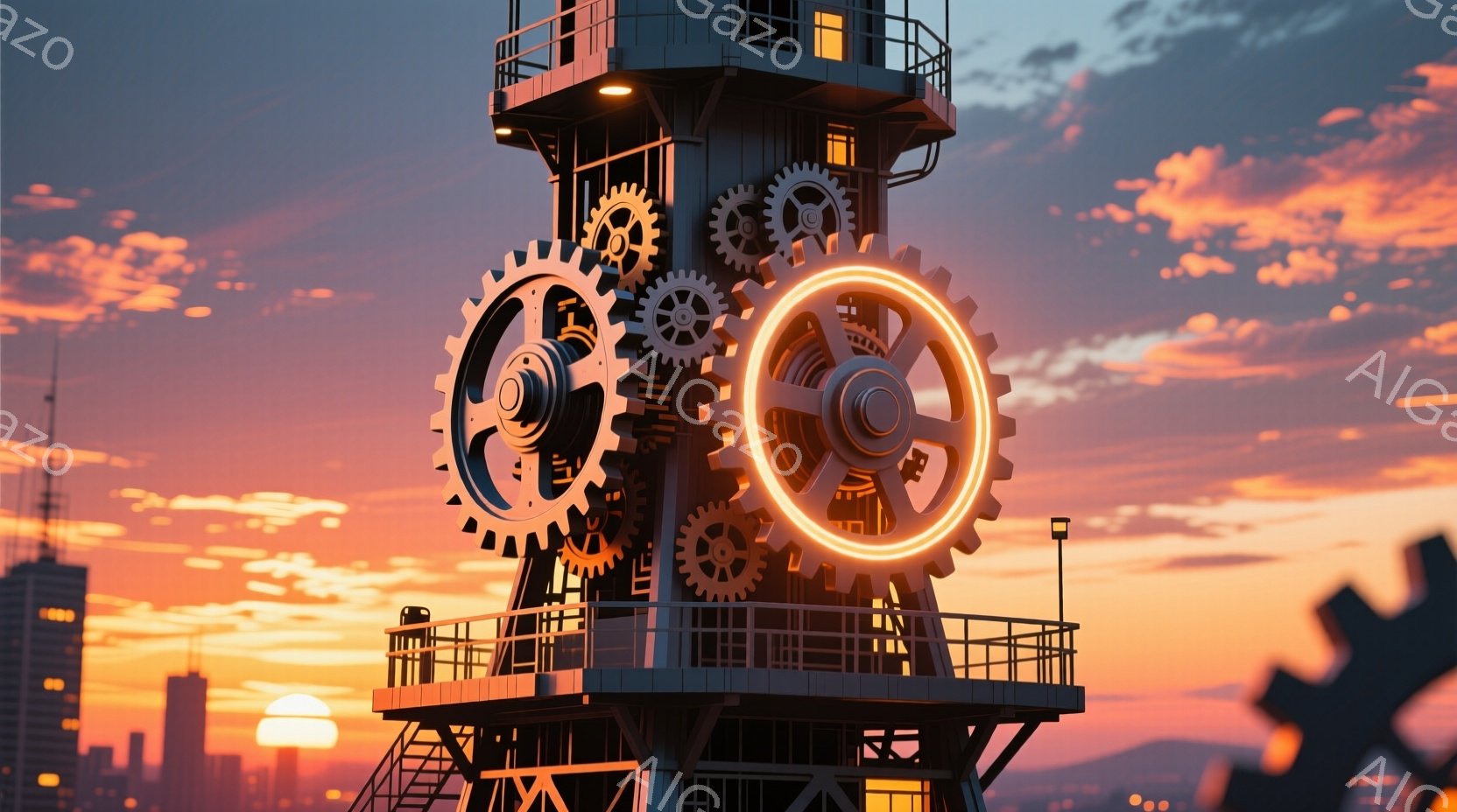 巨大な歯車が積み重なった塔が、夕焼け空を背景にそびえ立っている。都市のシルエットが遠くに見え、塔の構造は金属製の複雑なフレームとプラットフォームで構成されている。全体として、産業的な雰囲気と壮大な空の - AI生成フリー素材