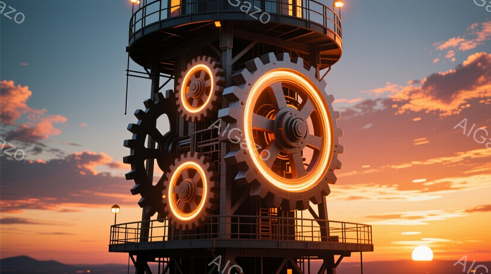 夕焼け空を背景に、巨大な歯車が組み合わされた構造物がそびえ立っている。その構造物は金属製のプラットフォーム上に構築され、周囲には照明が設置されている。空はオレンジと赤のグラデーションで染まり、遠くには山並みがうっすらと見える、幻想的な雰囲気を醸し出している。