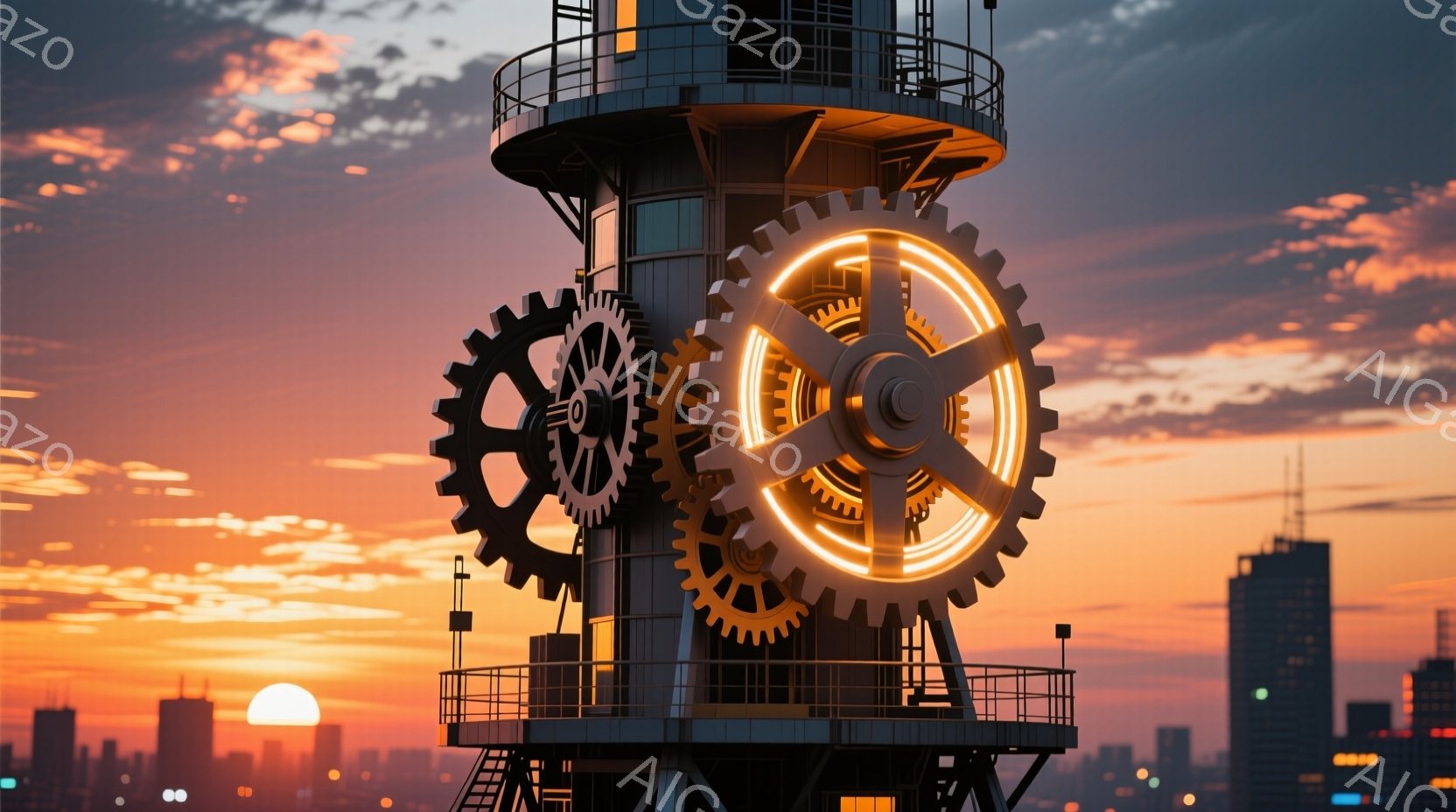 巨大な歯車が積み重ねられた、未来的な構造物が夕焼けの空を背景にそびえ立っている。都市のスカイラインがぼやけて見え、オレンジと赤色のグラデーションが空全体を染め上げている。全体的に、産業的でありながら幻 - AI生成フリー素材