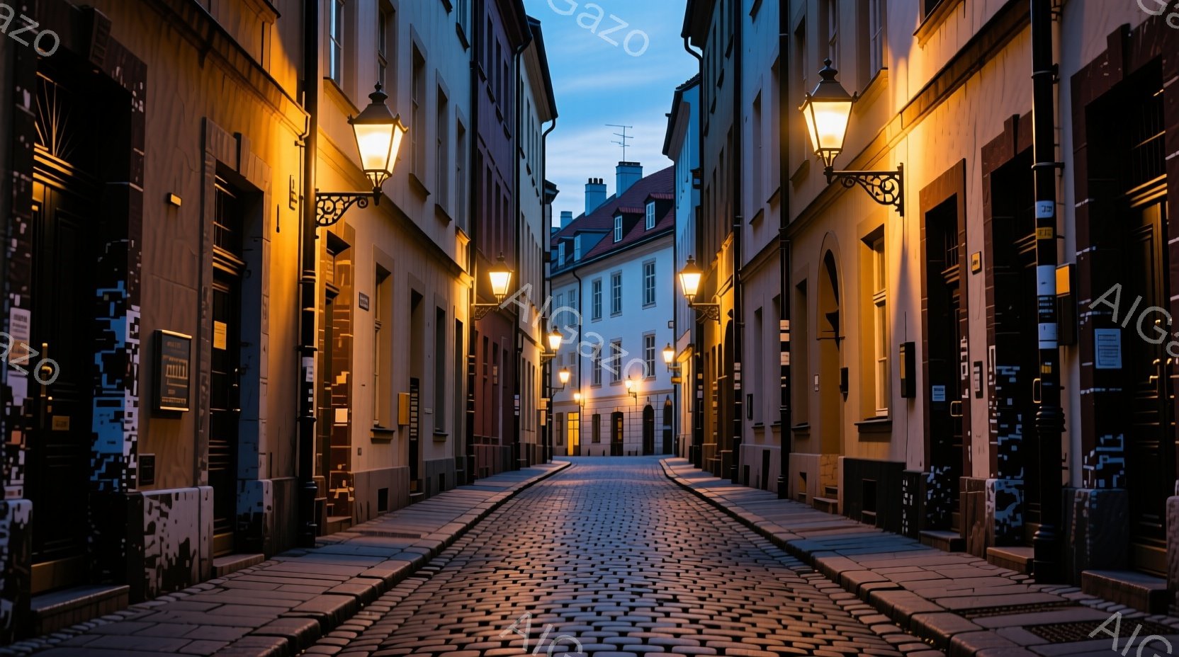石畳の道が両側に並ぶ建物へと続く、夕暮れ時のヨーロッパの街並みである。建物は様々な色合いで彩られ、窓から漏れる暖かい光が、石畳の道を照らしている。空は薄い青色で、全体的に静かで穏やかな雰囲気を醸し出している。