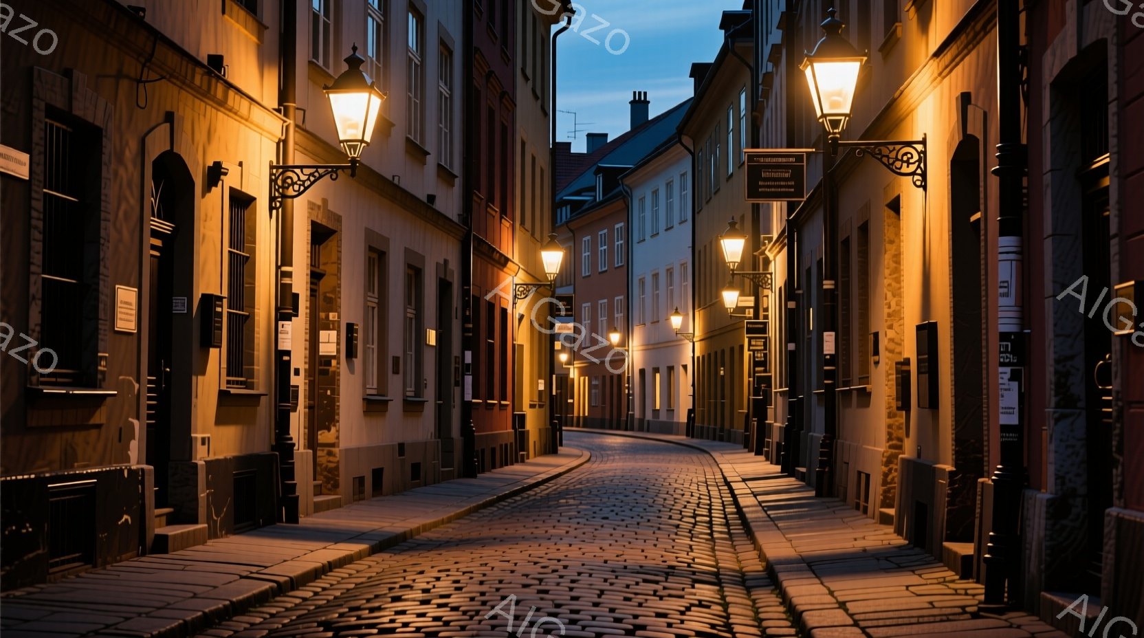 石畳の道が両側に並ぶ建物へと続く、ヨーロッパの古い街並みである。建物はパステルカラーで統一され、各戸の窓の上には装飾が施されている。街灯の温かい光が石畳を照らし、静かで歴史的な雰囲気を醸し出している。 - AI生成フリー素材
