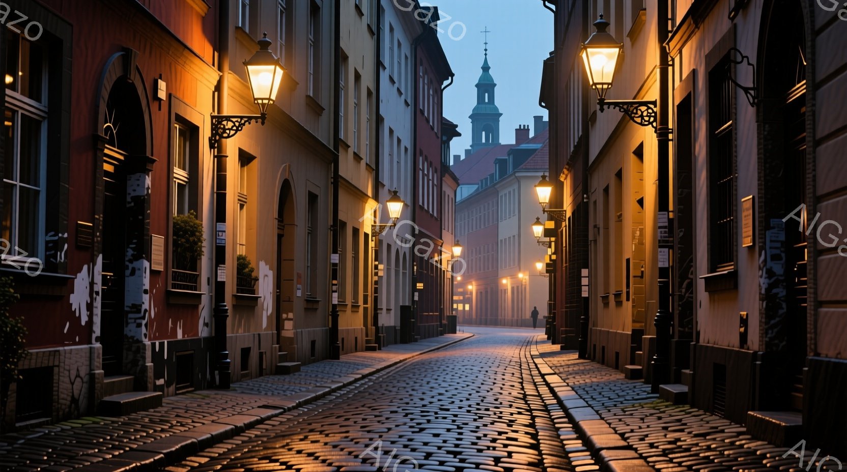 石畳の道が遠くまで続く、ヨーロッパの古い街並みだ。両脇には赤やベージュの建物が並び、レトロな街灯が暖かく光を灯している。遠くには尖塔が見え、霧が立ち込めており、静かでノスタルジックな雰囲気が漂っている。