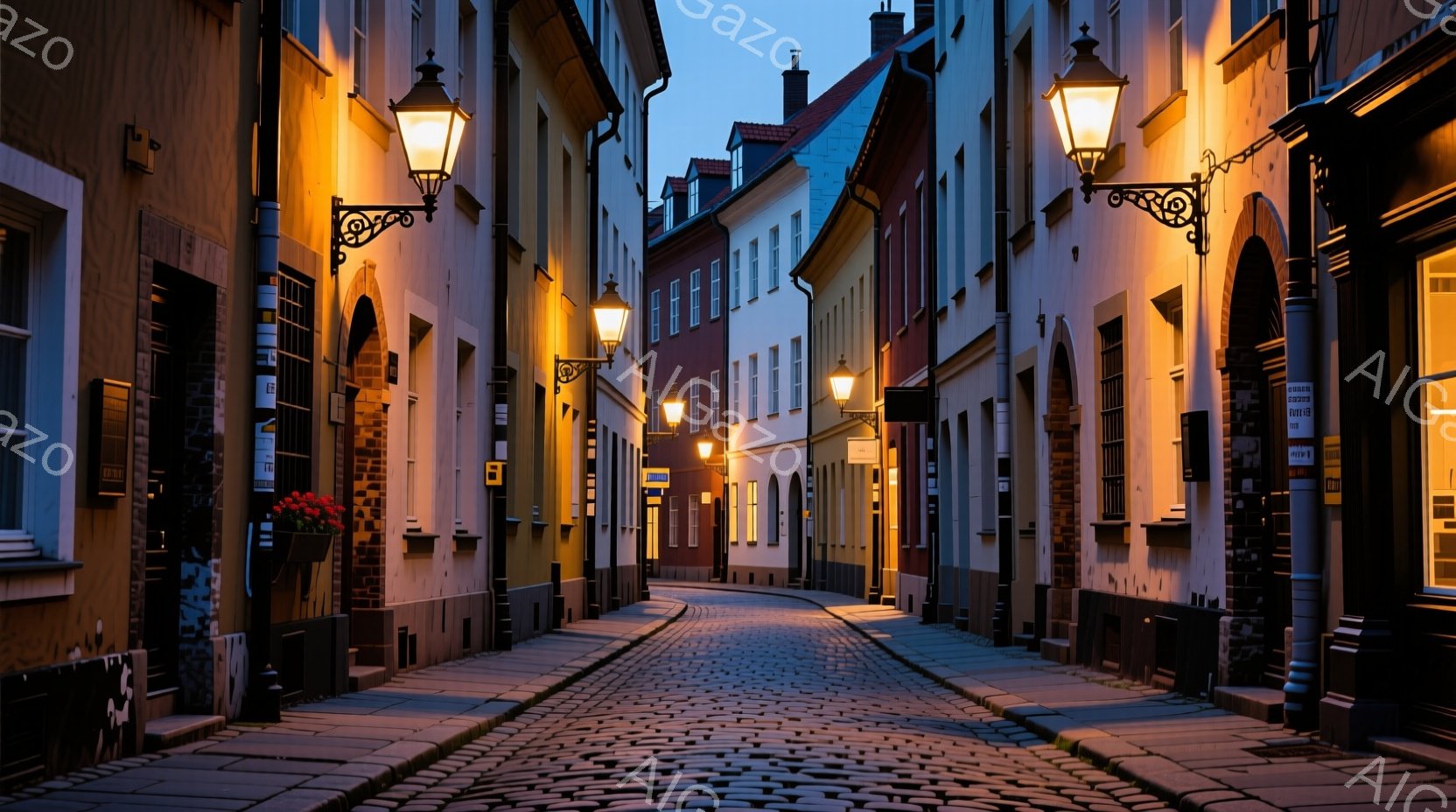 石畳の道が続く、ヨーロッパの古い街並みだ。左右にはカラフルな建物が立ち並び、各建物の窓からは温かい光が漏れ出している。夕暮れ時の空と建物の灯りが合わさり、ノスタルジックで静寂な雰囲気を醸し出している。