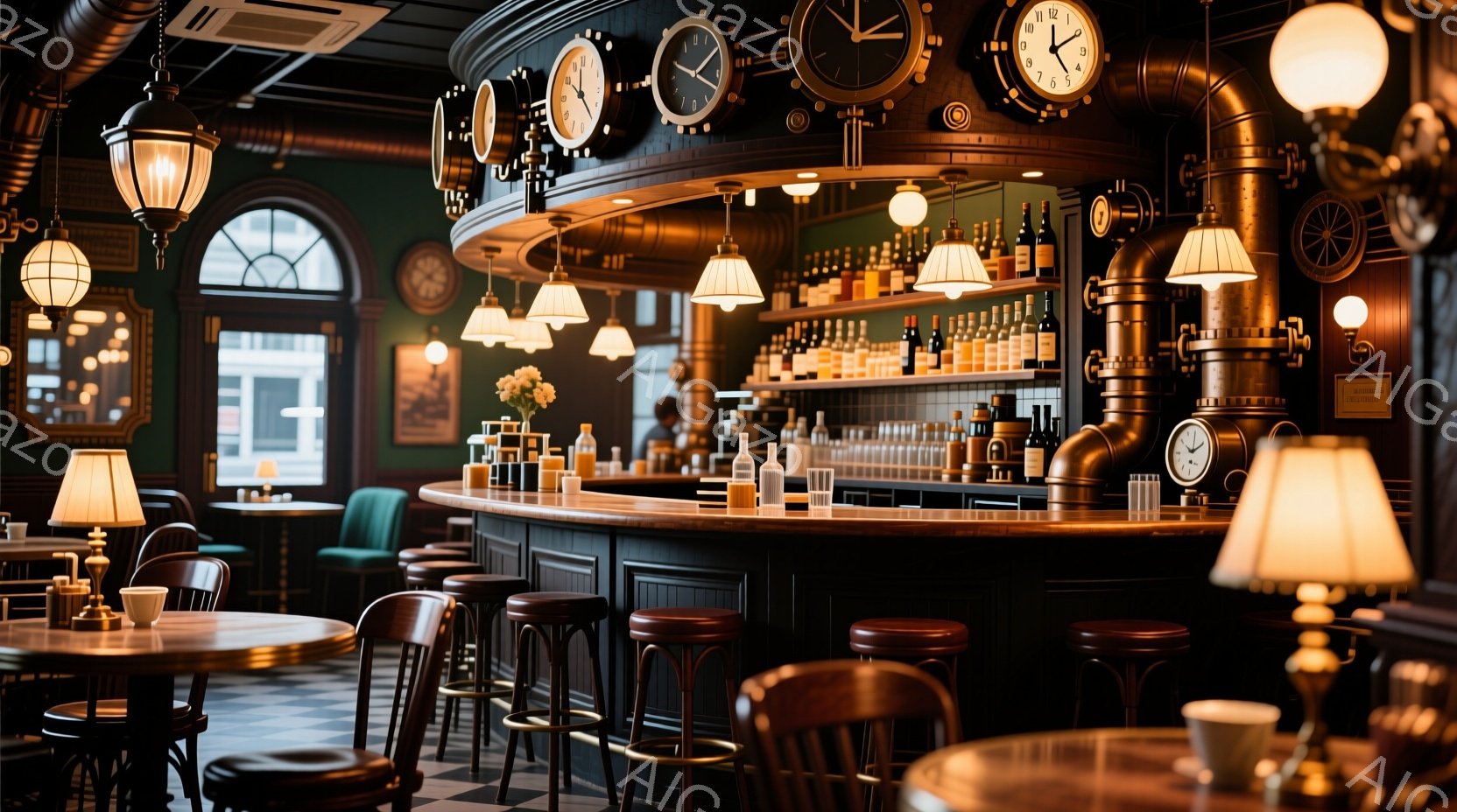 重厚な内装のバーの内部で、磨き上げられた木製のカウンターが印象的です。カウンター上には様々な種類の酒瓶が並び、壁には時計が配置されています。暖色系の照明が落ち着いた雰囲気を演出し、クラシカルで洗練され - AI生成フリー素材