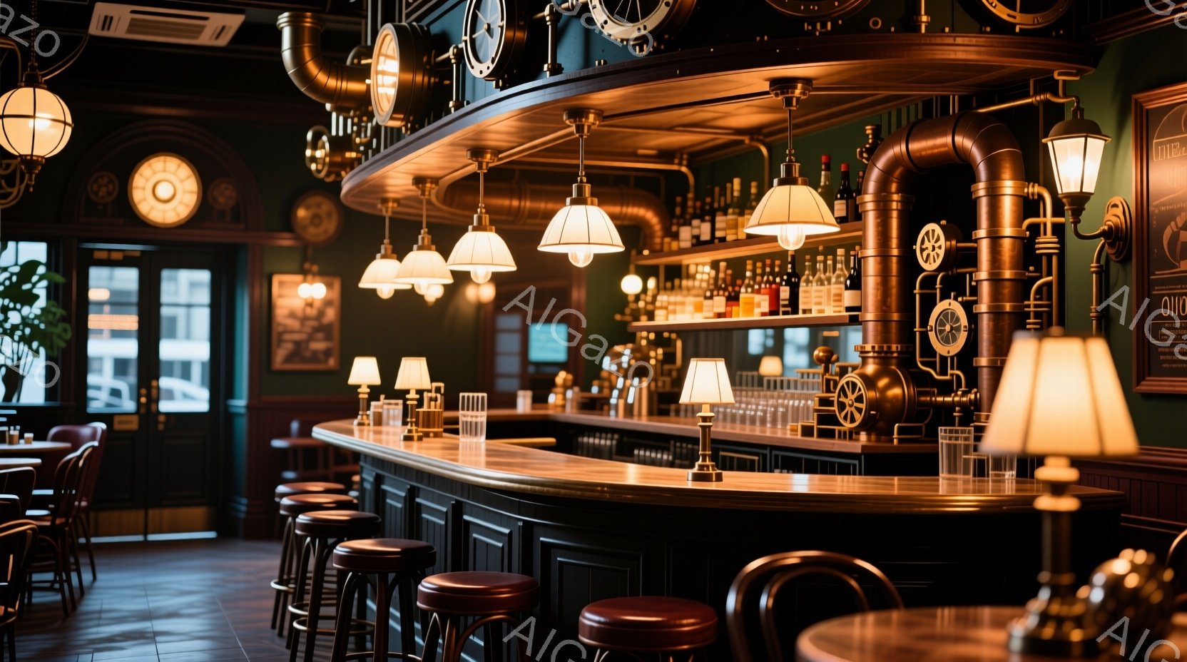 深緑色の壁と暗褐色の木製カウンターが特徴的なバーの内部です。カウンター上には、様々な種類の酒瓶が並び、レトロなデザインの照明が暖かく照らしています。全体的に落ち着いた雰囲気で、どこか懐かしい雰囲気を醸し出しています。