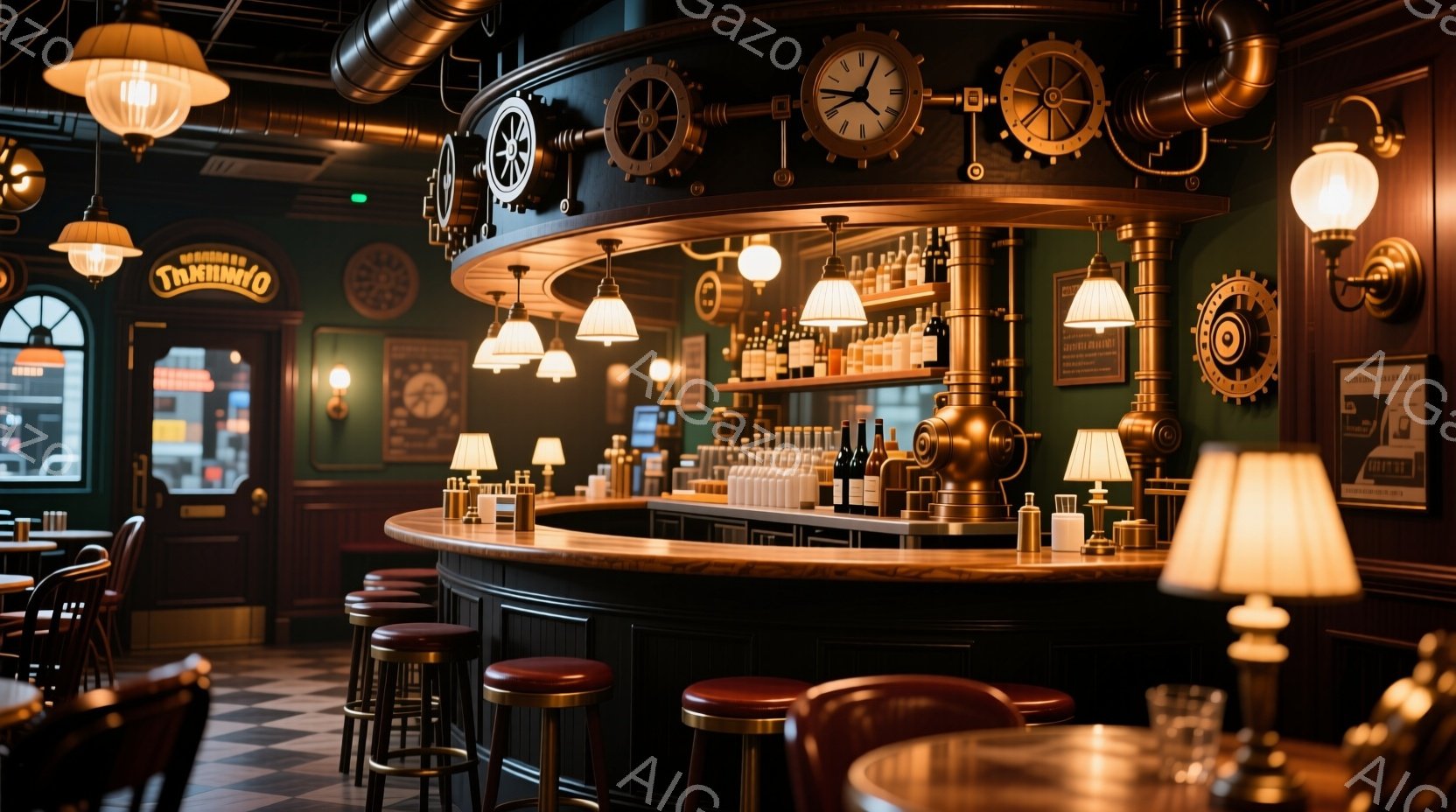 深緑色の壁と木製のカウンターが特徴的なバーの内部です。カウンター上には無数のボトルが並び、複雑なパイプと大きな時計が独特の産業的な雰囲気を醸し出しています。赤い革張りのバースツールと、薄暗い照明が落ち着いた空間を作り出しています。