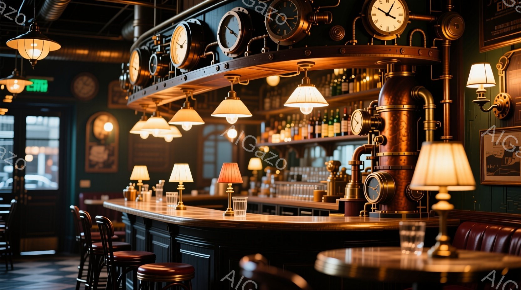 深緑色の壁と暗褐色の木製のバーカウンターが印象的な、落ち着いた雰囲気のバーの内部です。カウンター上には様々な種類の時計が並び、パイプが複雑に張り巡らされている独特な内装が目を引きます。暖色の照明と赤い - AI生成フリー素材