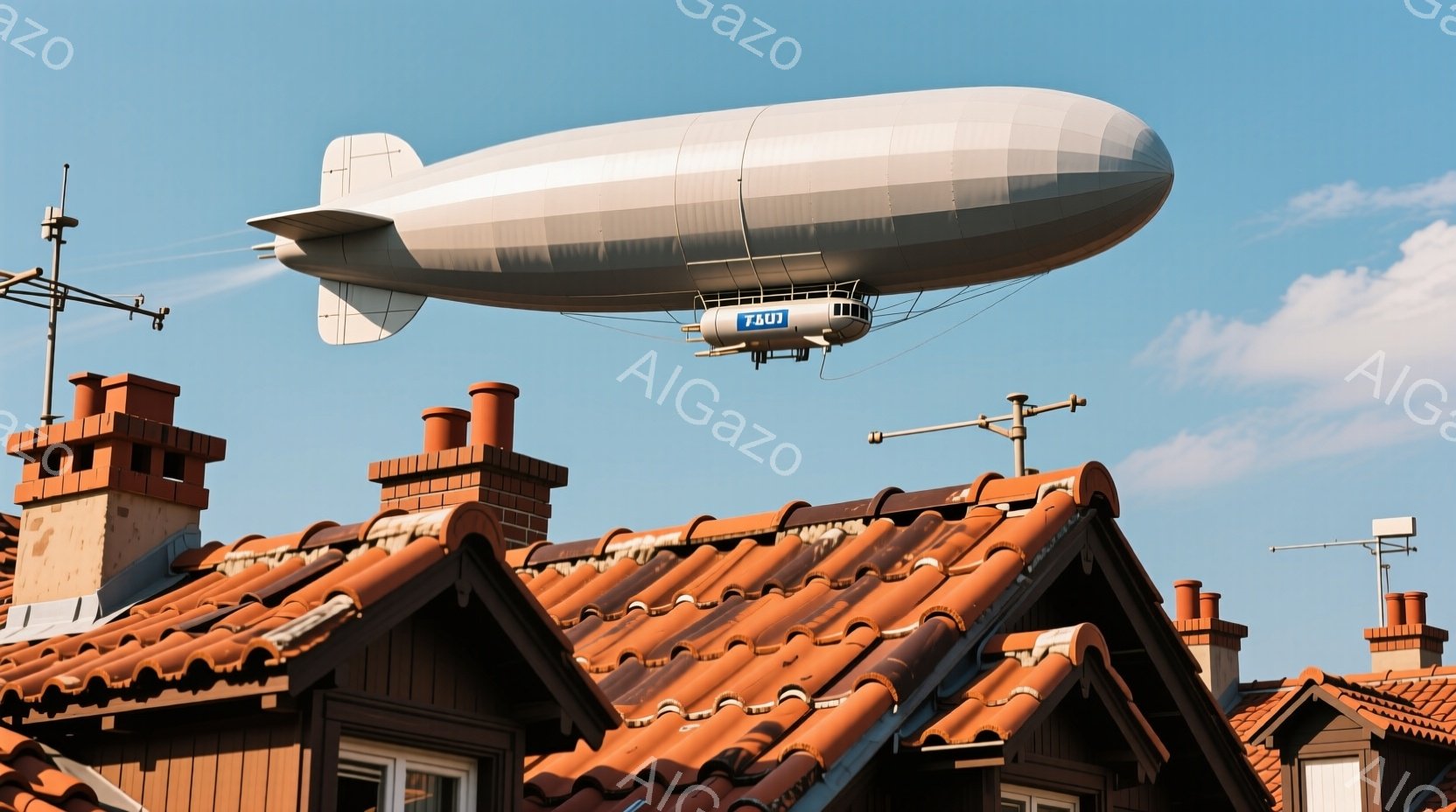 赤レンガの屋根が連なる街並みの上空を、銀色の飛行船がゆっくりと飛んでいる。青空にはわずかな雲が浮かび、穏やかな天候であることがわかる。建物にはアンテナが取り付けられており、日常的な風景の中に非日常的な飛行船が加わり、独特の雰囲気を醸し出している。