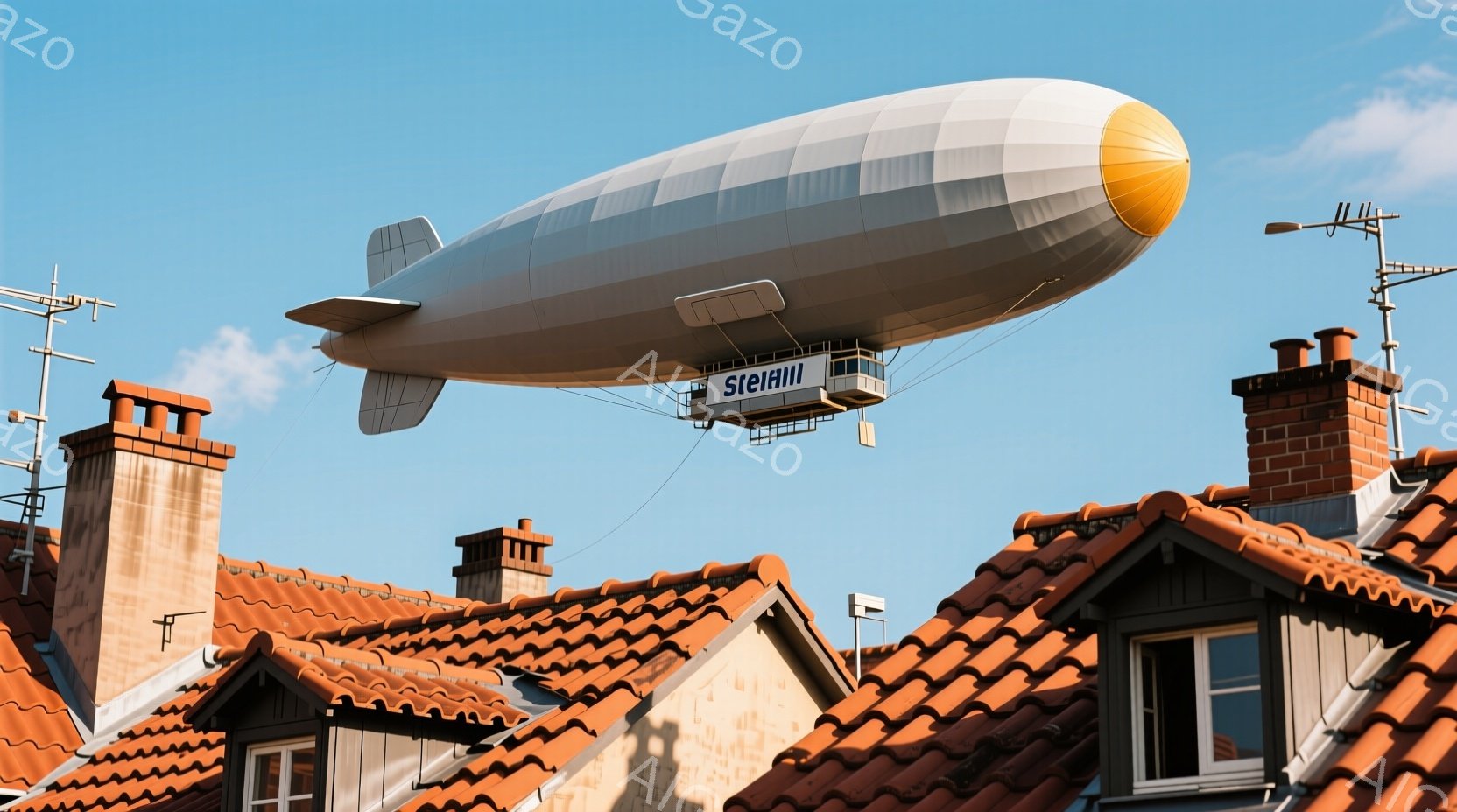 赤レンガの屋根が連なる街並みの空に、大きな飛行船が浮かんでいる。飛行船は白を基調とし、尾翼部分がオレンジ色でアクセントになっている。晴れた青空と赤い屋根、そして飛行船のコントラストが印象的な、穏やかで平和な雰囲気の風景である。