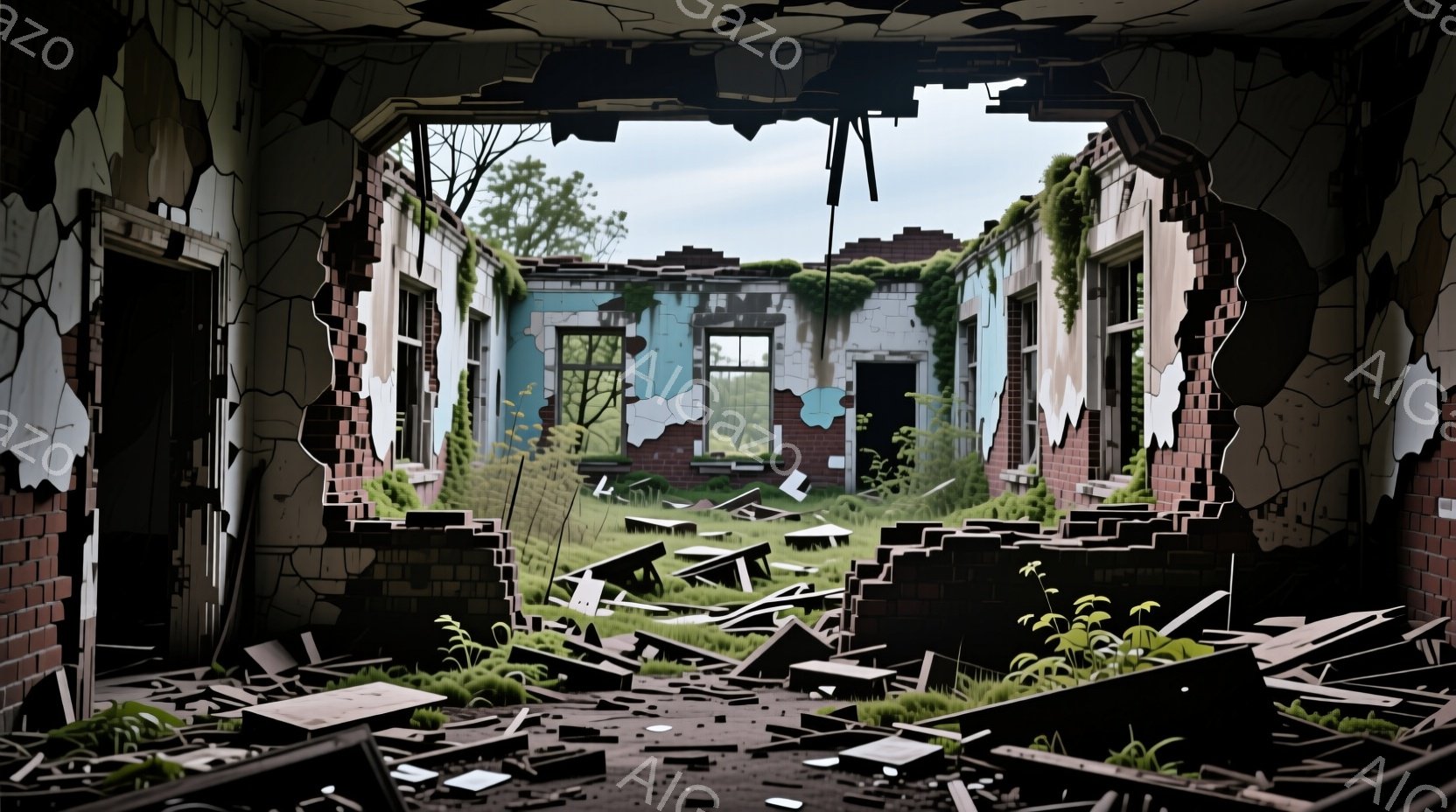 荒廃した建物の内部から見た景色で、壁は崩れ落ち、露出したレンガがむき出しになっている。室内には瓦礫が散乱し、床も崩壊しかけているが、窓からは緑豊かな草地と、遠くに見える建物のシルエットがぼんやりと見える。全体的に寂寥感と時間の経過を感じさせる、静かで陰鬱な雰囲気である。