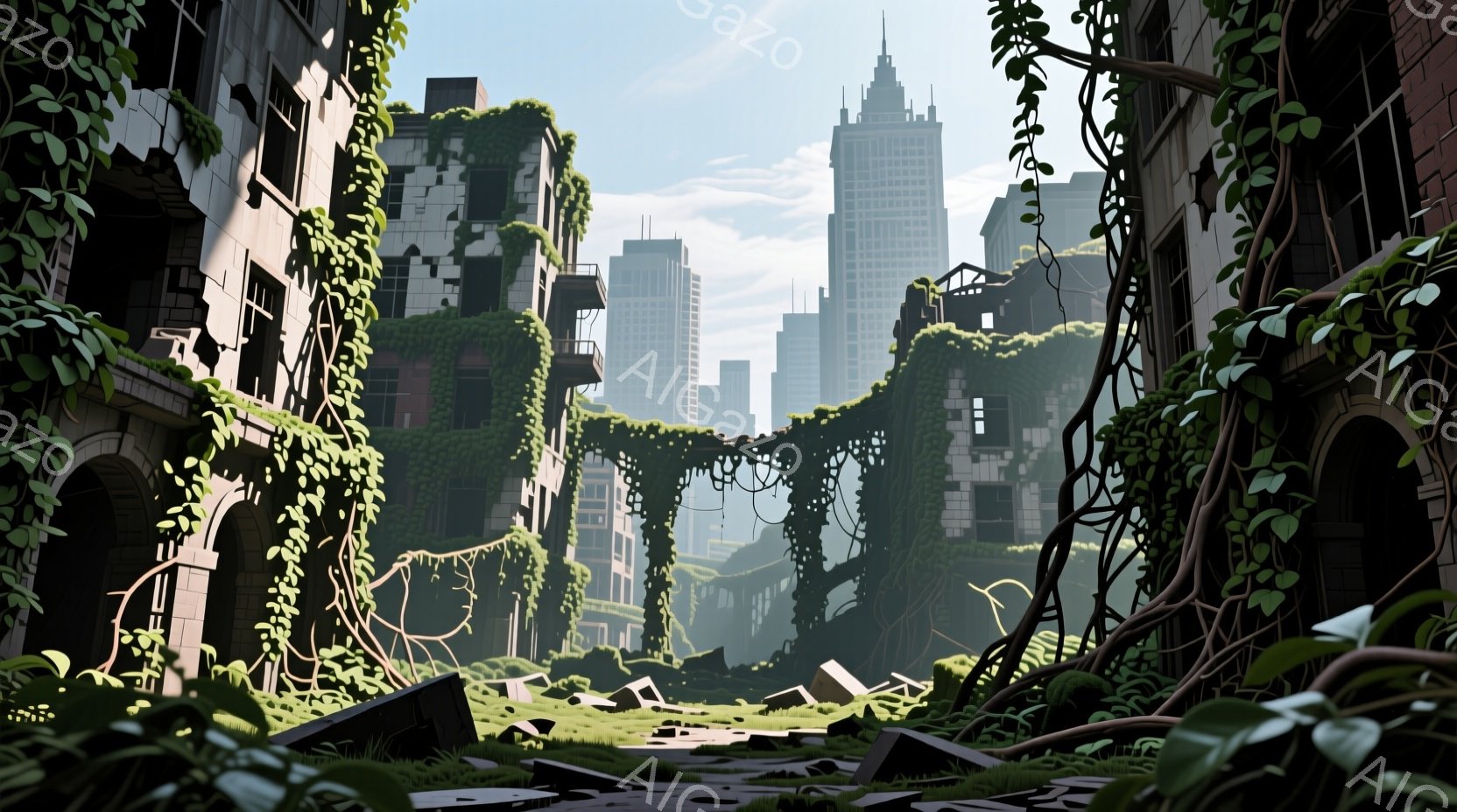 崩壊した都市の風景で、建物は蔦や植物に覆われ、自然に飲み込まれつつあります。瓦礫が散乱し、かつての繁栄を物語りながら、静寂と荒廃が漂っています。背景には、遠くに見える高層ビルがわずかに残り、自然と文明 - AI生成フリー素材