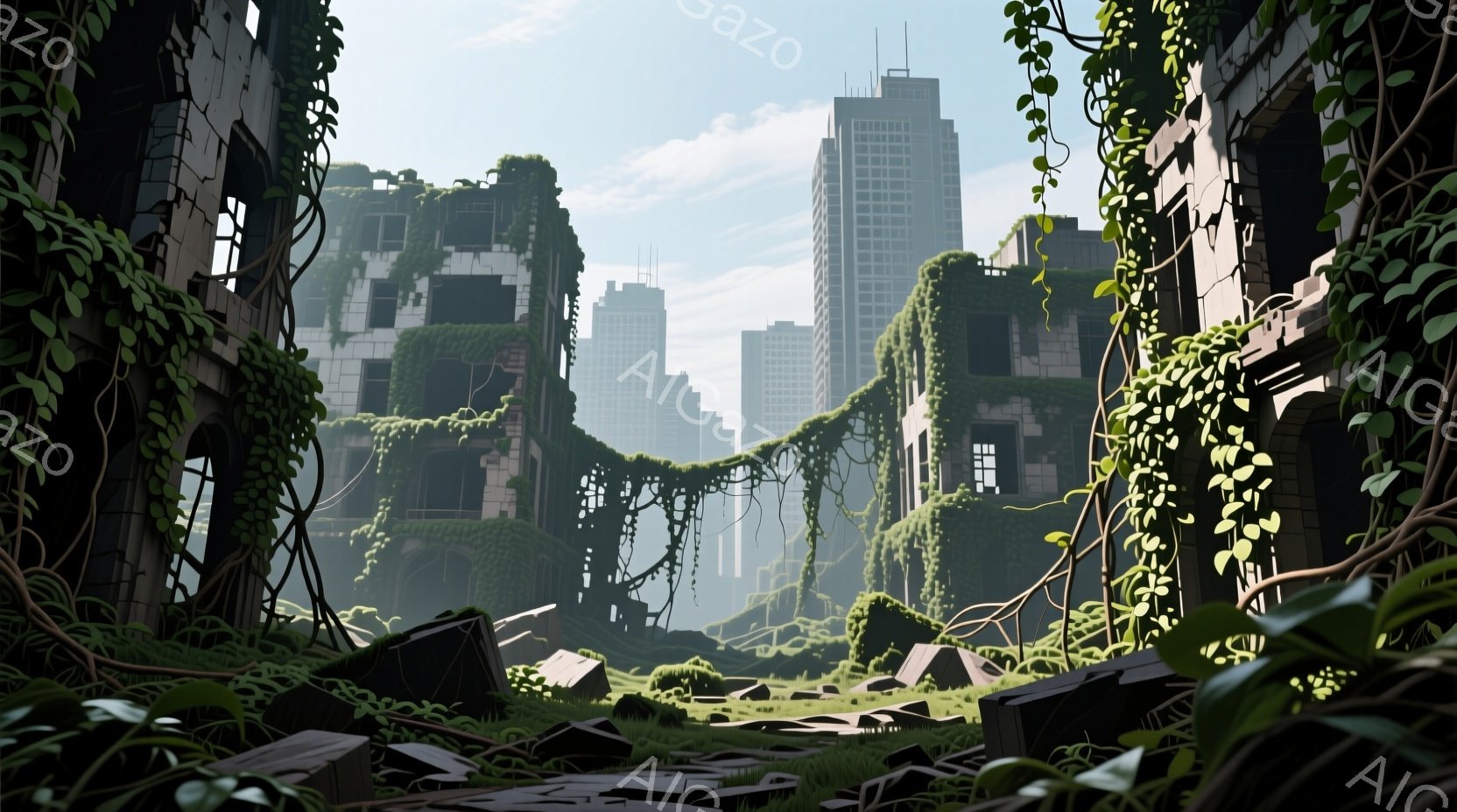 崩壊した都市の風景が描かれている。コンクリートの建物は蔦や植物に覆われ、廃墟となった様子が伺える。背景にはぼんやりと高層ビル群が霞んで見え、自然と文明が混在する、寂しげで静寂な雰囲気が漂っている。