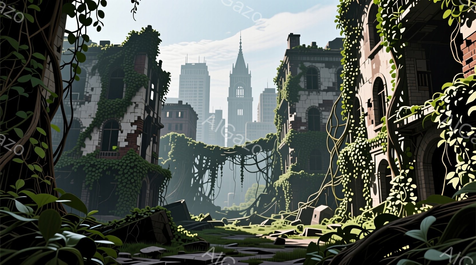 崩れかけた石造りの建物が、緑豊かなつる植物に覆われている様子が描かれている。遠景には高層ビル群が見え、自然が都市を侵食した後の荒廃した風景が印象的だ。全体的に霧がかった光の中で、静寂と寂寥感が漂う。