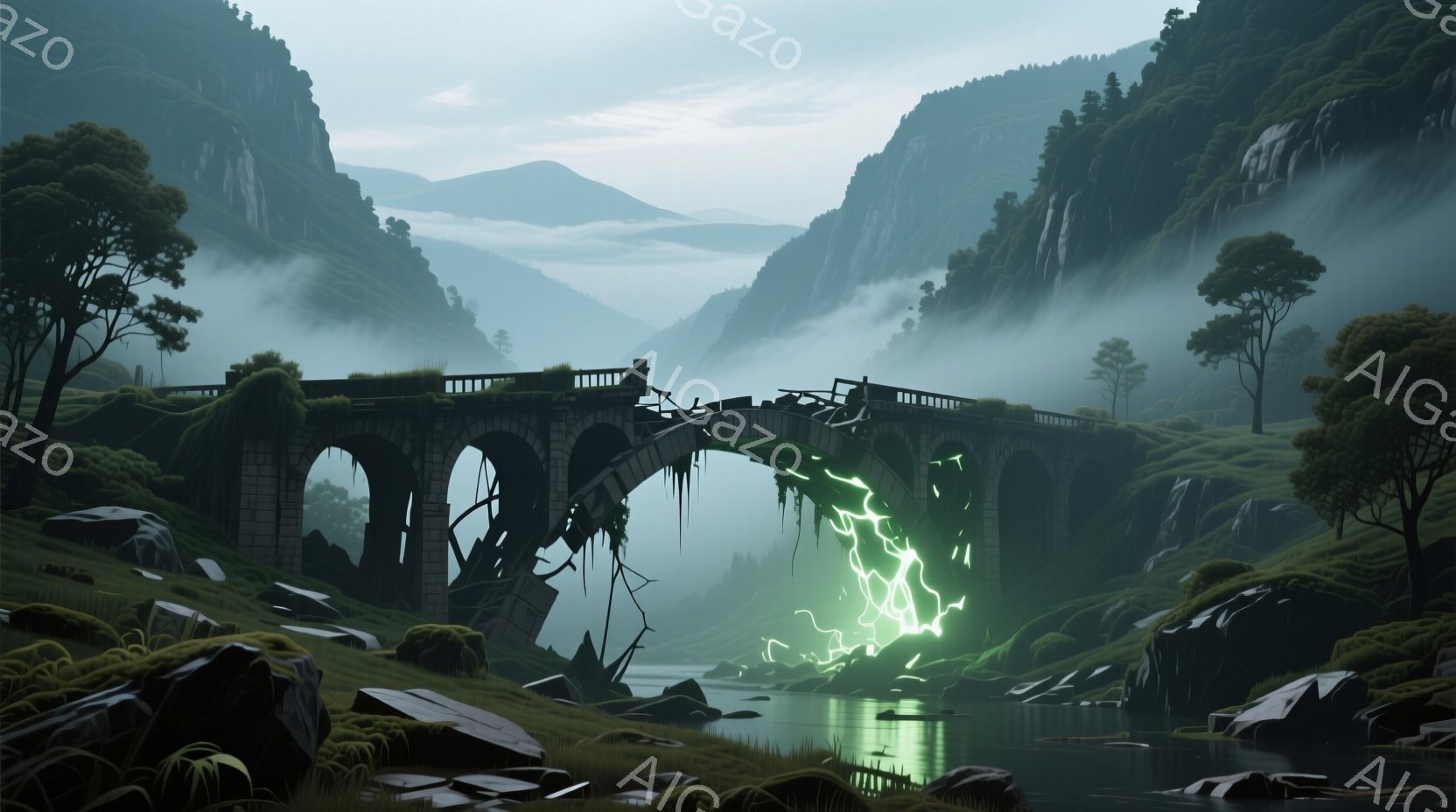 廃墟となった石造りのアーチ橋が、深い霧に包まれた渓谷に架かっている。橋の中央付近で、緑色のエネルギーがほとばしり、水面を照らし出している。周囲は緑豊かな草地と岩、そして遠くには霧に霞む山々が広がり、神秘的で寂しげな雰囲気を醸し出している。
