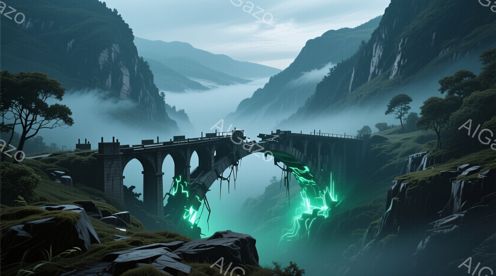 荒涼とした山々に囲まれた石造りのアーチ橋が、霧深い渓谷に架かっている。橋の一部は崩壊し、緑色の発光するエネルギーがひび割れから流れ出している。重厚な石組みと荒廃した雰囲気は、時の流れと自然の力強さを感 - AI生成フリー素材