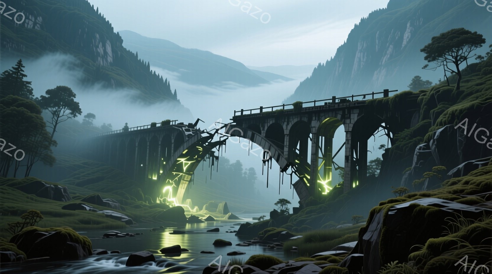 霧深い山々に囲まれた、崩れかけた石造りのアーチ橋が印象的な風景です。橋の下を流れる川はエメラルドグリーンに光り、周囲の緑豊かな自然と対照的です。全体的に神秘的で、どこか寂しげな雰囲気を醸し出しています。