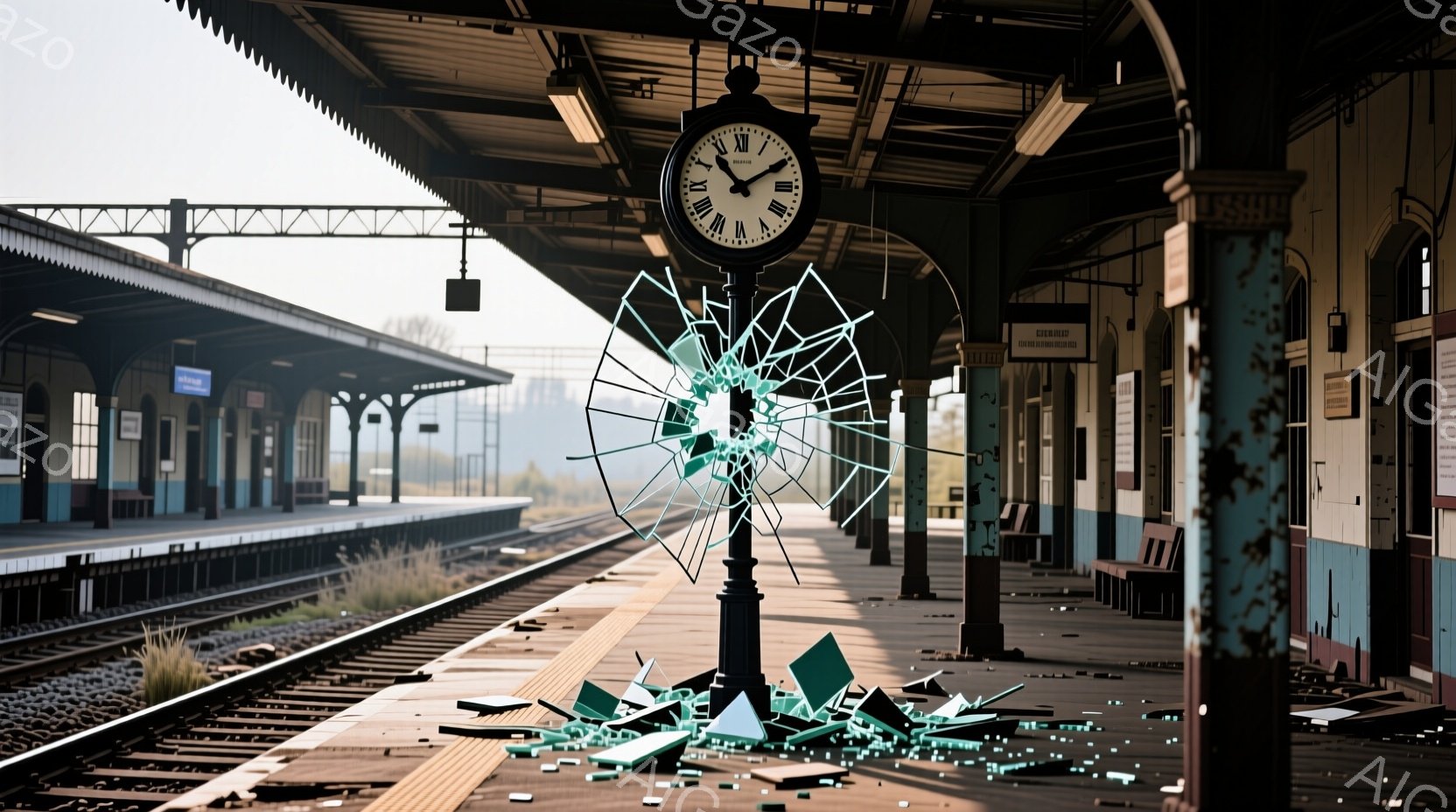 老朽化した駅のプラットフォームに、割れた時計が散乱している様子が描かれている。緑色の破片がプラットフォーム全体に広がり、駅舎は青とベージュの配色で、古びた趣を漂わせている。背景には線路が伸び、薄暗い空と荒れた草地が広がり、全体的に寂寥感と時間が止まったような雰囲気を醸し出している。