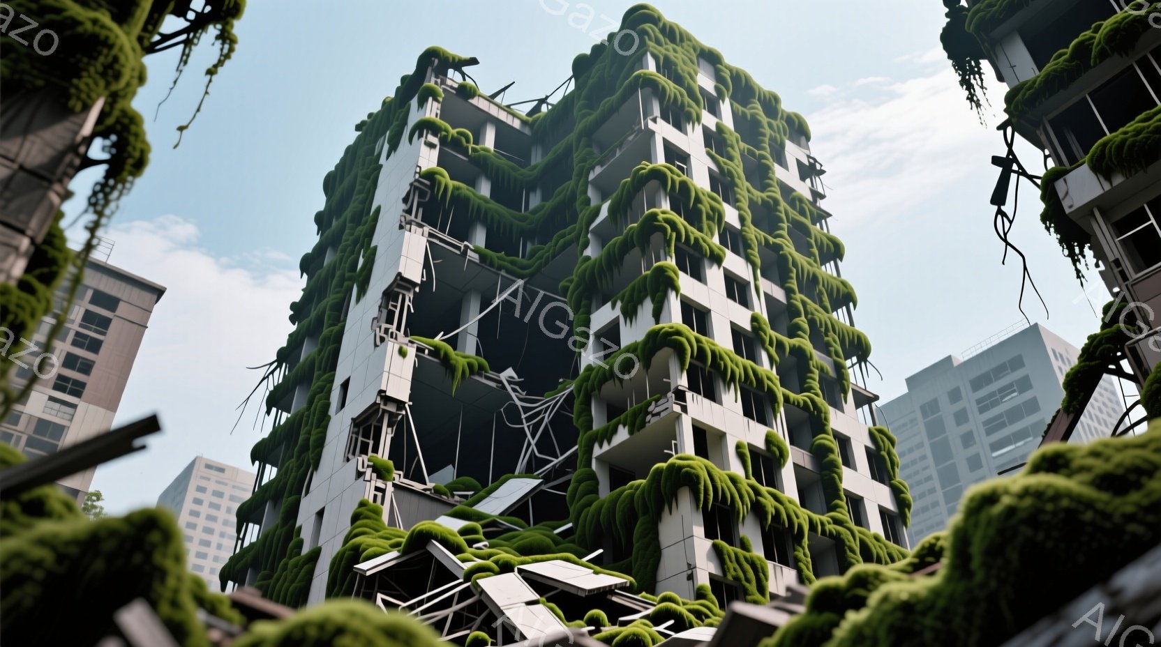 崩壊しつつある高層ビルが、緑色の蔦に覆われている様子が描かれている。建物は窓が割れ、外壁は破損しており、廃墟のような雰囲気である。背景には他の建物も見え、空は晴天で、放棄された都市の荒廃と自然の力強さを強調している。