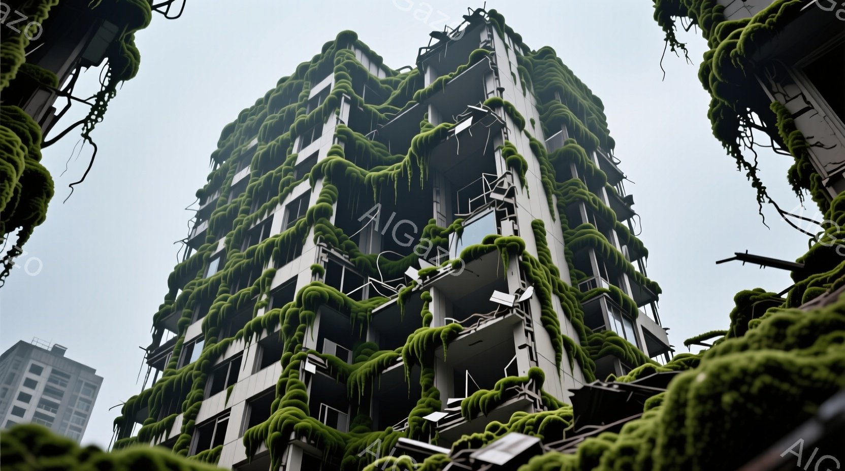 灰色の空の下、高層ビルが緑色のつる植物に覆われている様子が描かれている。建物は幾重にも重なり、窓やバルコニーから緑が滝のように流れ落ちている。全体的に荒廃と自然の力強い生命力を感じさせる、不気味でありながら美しい雰囲気である。