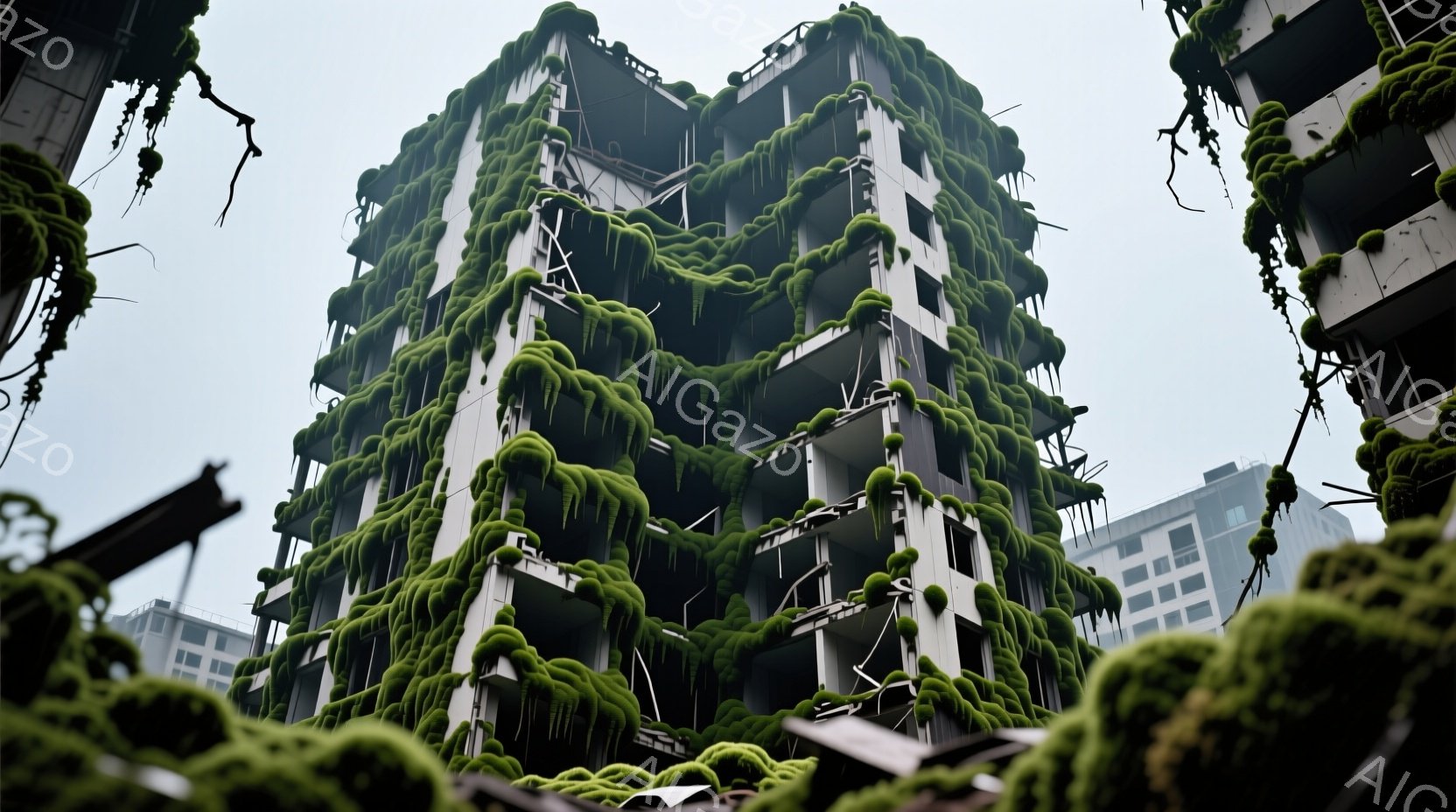 灰色の空の下、崩れかけた高層ビルが緑色の植物に覆われている様子が描かれている。建物は窓がほとんどなく、崩壊が進んでいるが、植物が壁面を覆い、自然と人工物のコントラストが際立っている。全体的に荒廃した未 - AI生成フリー素材