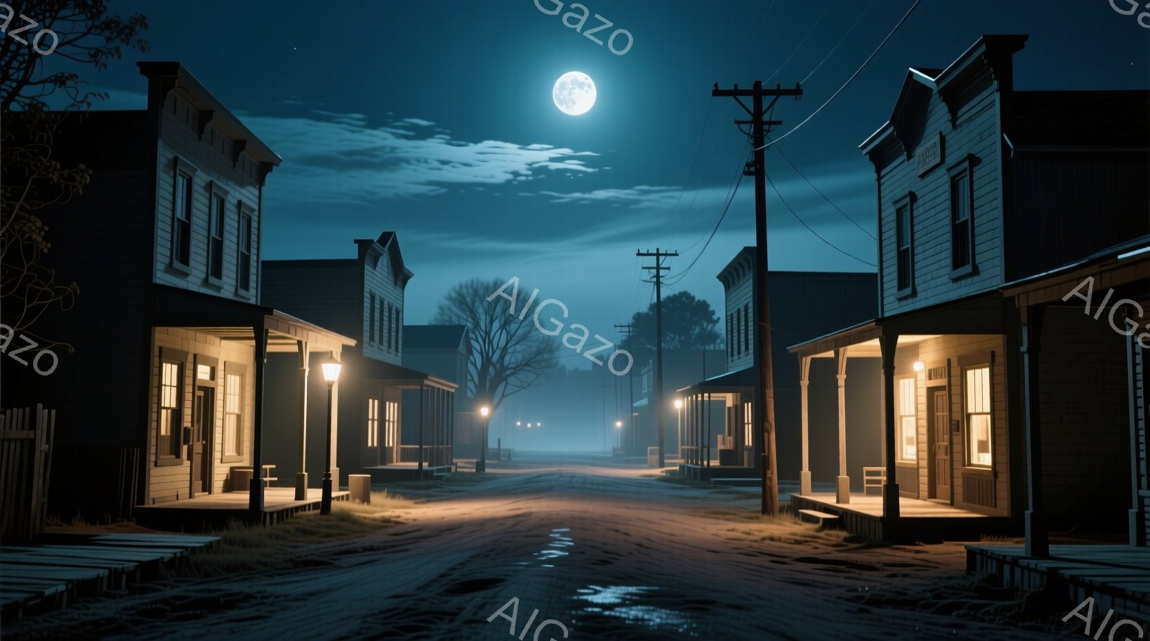 古びた西部開拓時代の街並みが、満月の下、静寂に包まれている。街路は土でできており、両脇には木造の建物が並び、それぞれの窓からは暖かな光が漏れ出している。背景にはぼんやりとした山並みが見え、全体的に寂しげで、どこかノスタルジックな雰囲気を醸し出している。