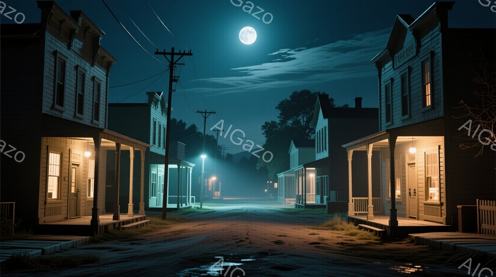 古びた西部開拓時代の街並みが月明かりの下に広がっている。石畳の道は濡れており、建物は影の中に沈み、薄暗い光が窓から漏れている。背景には暗い木々が見え、全体的に寂寥感と静寂が漂う、夜の街の風景だ。