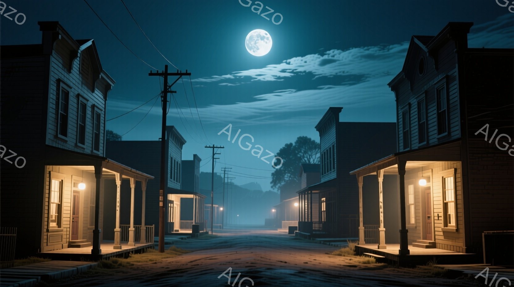 古い西部開拓時代の街並みが、薄暗い光に照らされている。建物は木造で、簡素な造りだが、所々に灯りがともっており、静寂の中に暖かさを感じさせる。背景には霧が立ち込め、遠くの山々がぼんやりと見える月夜の風景は、どこか寂しげで、ノスタルジックな雰囲気を漂わせている。