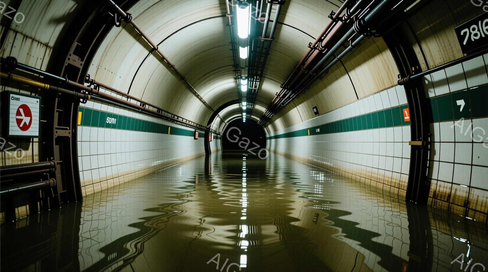 地下鉄のトンネル内が水浸しになっている様子が写っている。壁は緑色のタイルで覆われ、天井には照明が設置されているが、水面に反射して不気味な光を放っている。水面は穏やかで、天井や壁の反響がぼやけており、放棄されたような静寂さと不安感を漂わせる。