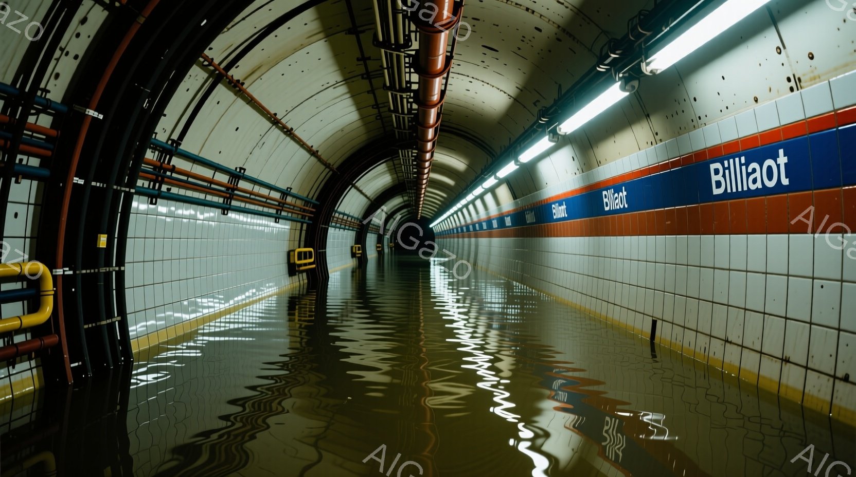 地下鉄のトンネル内が水没しており、水面が鏡のように光を反射している。白と水色のタイル張りの壁に、赤い帯と白文字で「Billiaut」という駅名が書かれた標識が設置されている。トンネル内は薄暗く、水没した様子から不穏で静寂な雰囲気が漂っている。