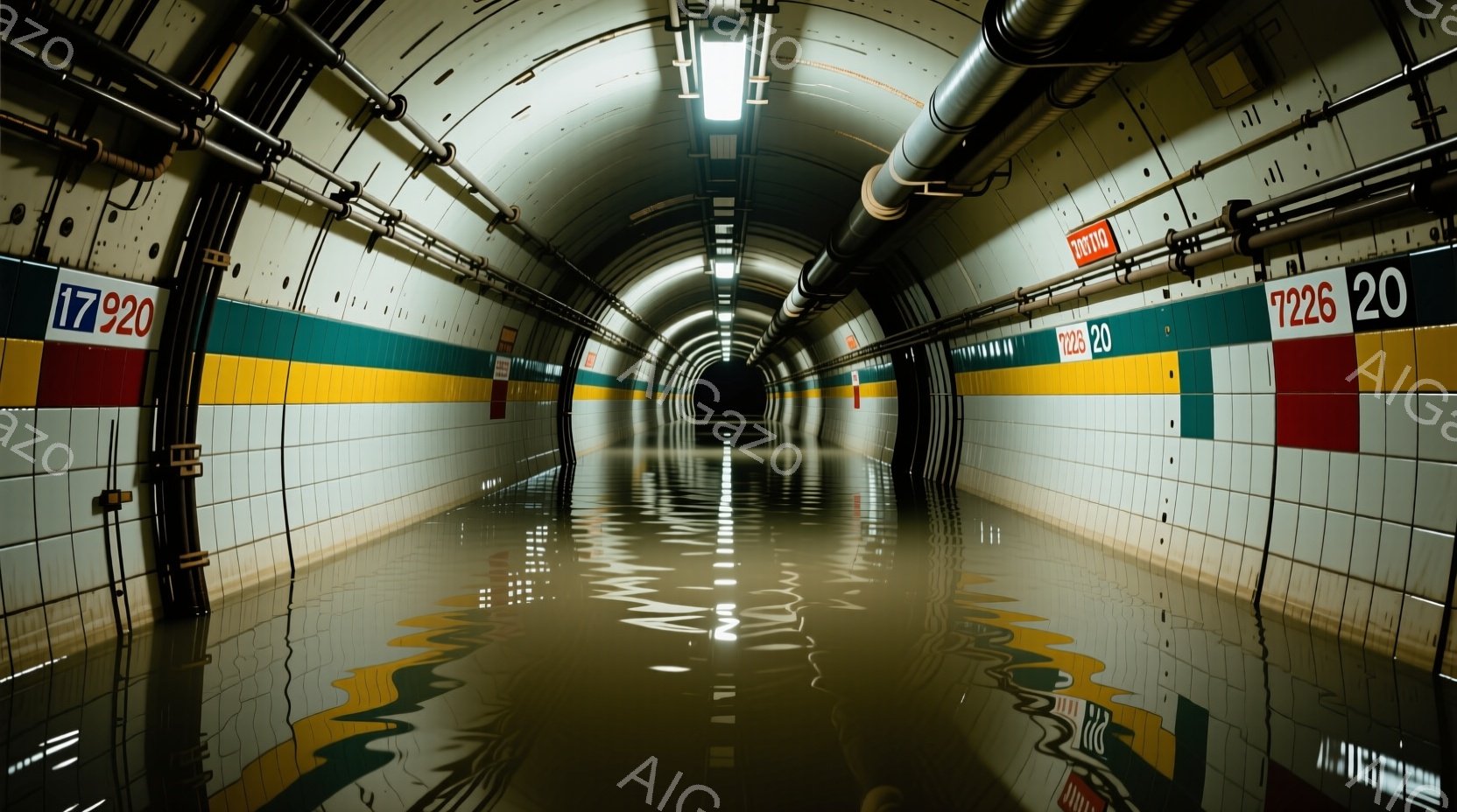 地下鉄のトンネルが水浸しになっている様子が写っている。白、黄、赤のタイルが貼られた壁には、数字が書かれた標識が並び、天井には配管や照明が設置されている。水面には照明や標識が反射し、薄暗く不気味な雰囲気を醸し出している。