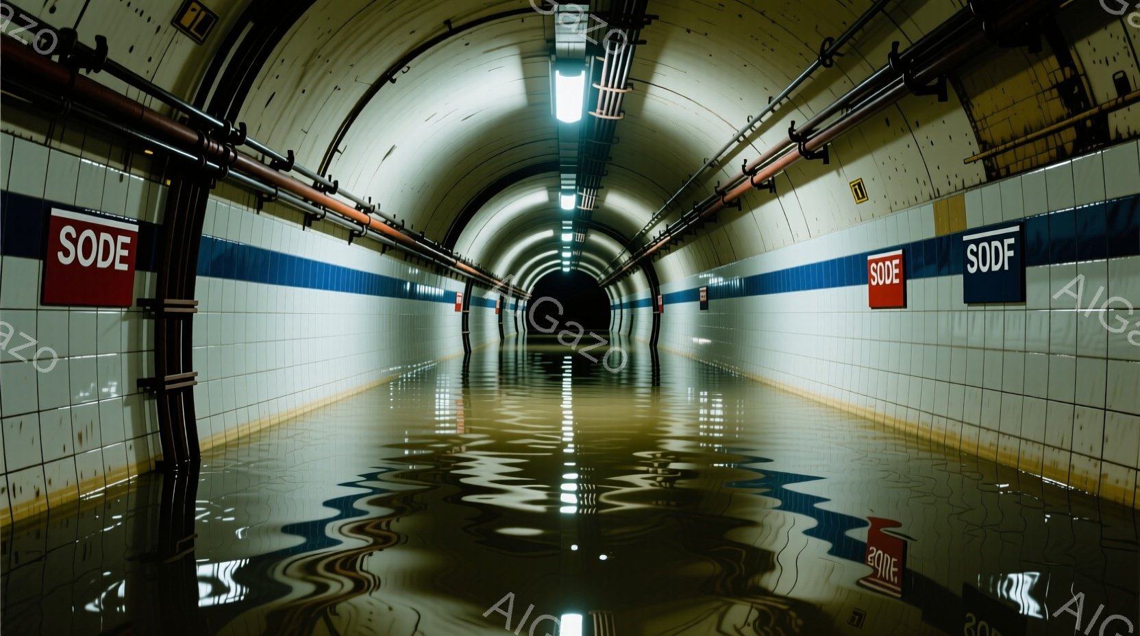 地下鉄のトンネルが濁った水で満たされており、壁には規則的にタイルが貼られ、赤い「SODE」の標識が並んでいる。トンネル内は薄暗く、水面に反射する光がわずかに見えるのみで、閉塞感と不穏な雰囲気が漂っている。水面は波打ち、トンネルの奥は暗闇に包まれており、全体的に荒廃した未来的な印象を与える。